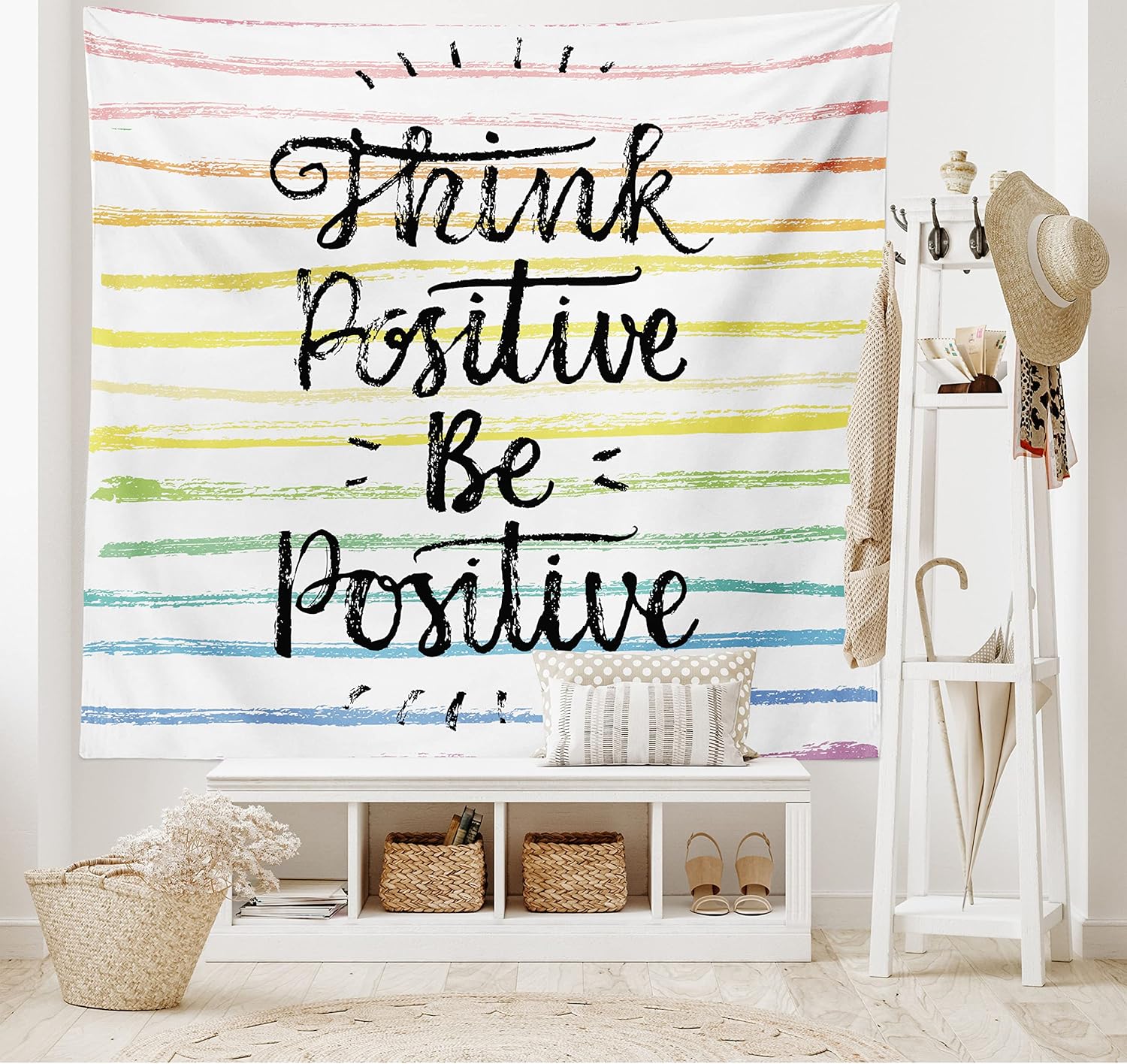 Ambesonne Positive Energy Tapestry, Words on Pastel Tone Rainbow Colors Brushstroke Lines, Wide Wall Hanging for Bedroom Living Room Dorm, 60" X 40", White Yellow