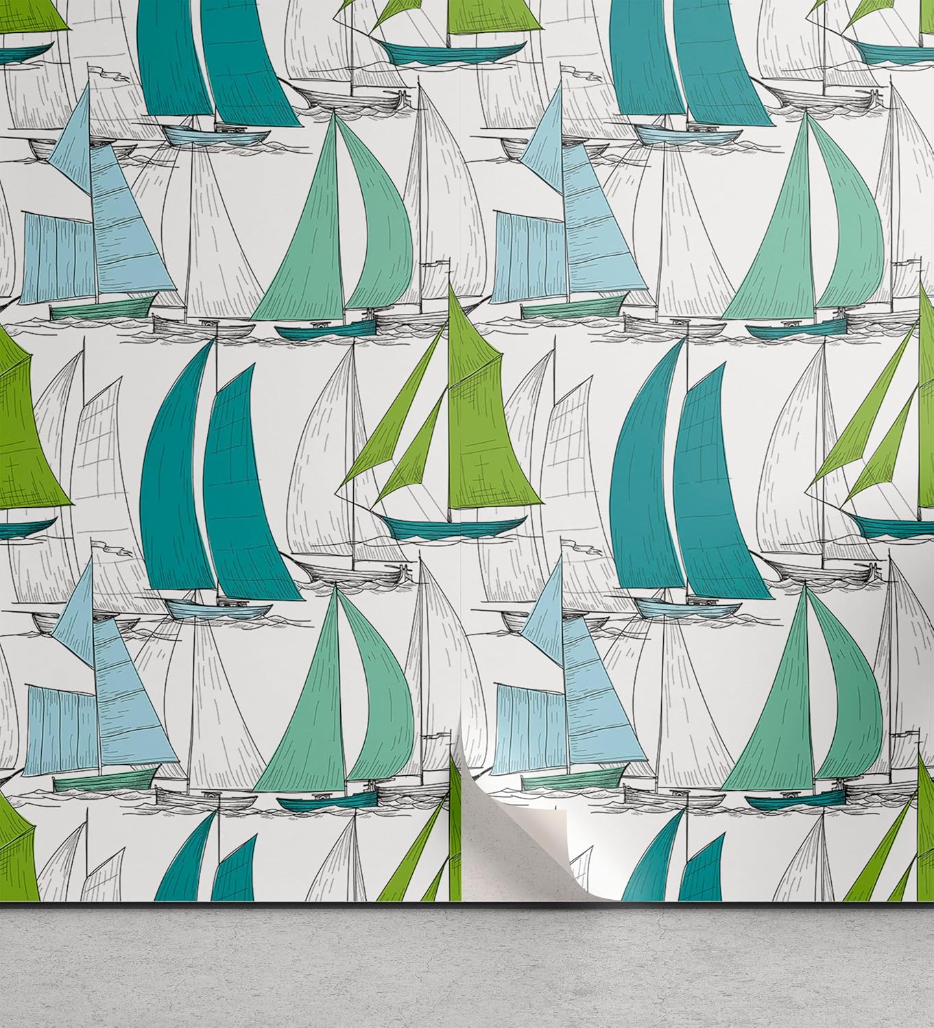 Ambesonne Nautical Peel & Stick Wallpaper Home, Sailing Boats on The Ocean Surfing Coastal Theme Marine Life Colorful Maritime, Self-Adhesive Living Room Kitchen Accent, 13" x 100", Teal Blue Green