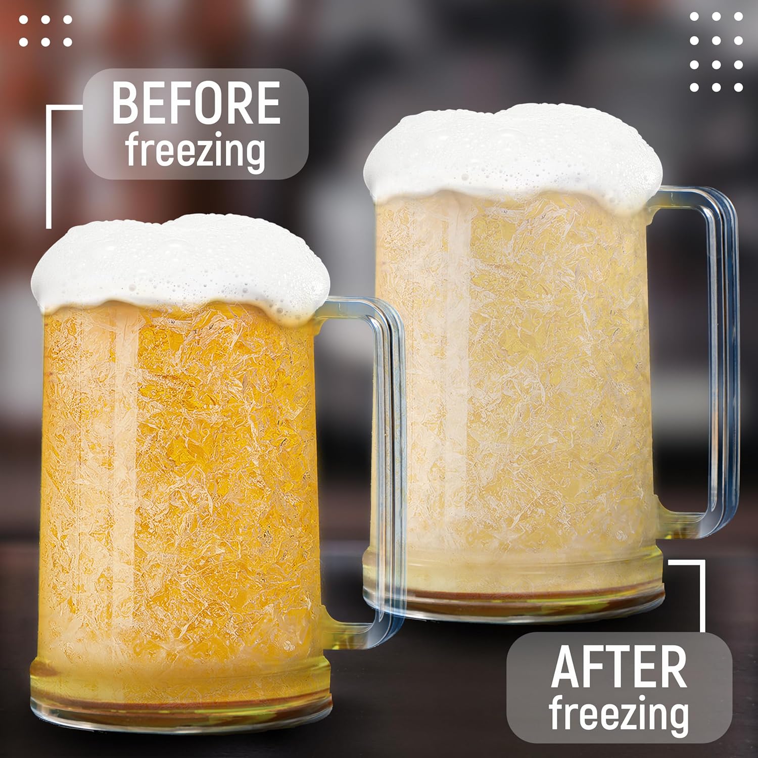 Granatan Freezer Beer Mugs Set of 4, 16 oz Double Wall Gel Mugs for Freezer, Acrylic Plastic Beer Stein with Handle, Ice Cold Glasses for Men, BBQ, & Pool Parties (Clear) - Image 3