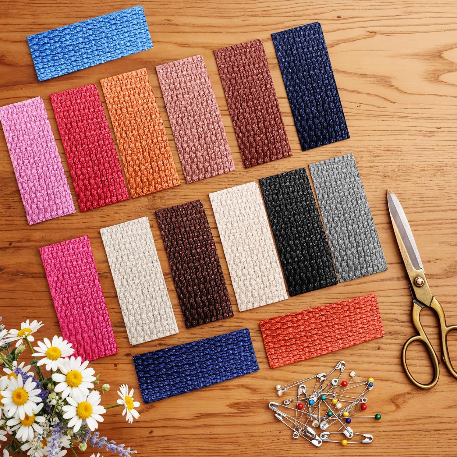 15 Rolls 75 Yards Heavy Cotton Webbing 1 Inch 15 Color Polyester Cotton Webbing Strap Tote Bags Leash Straps for Making Bag Handles, Cloth Belt, Outdoor Accessories Supplies