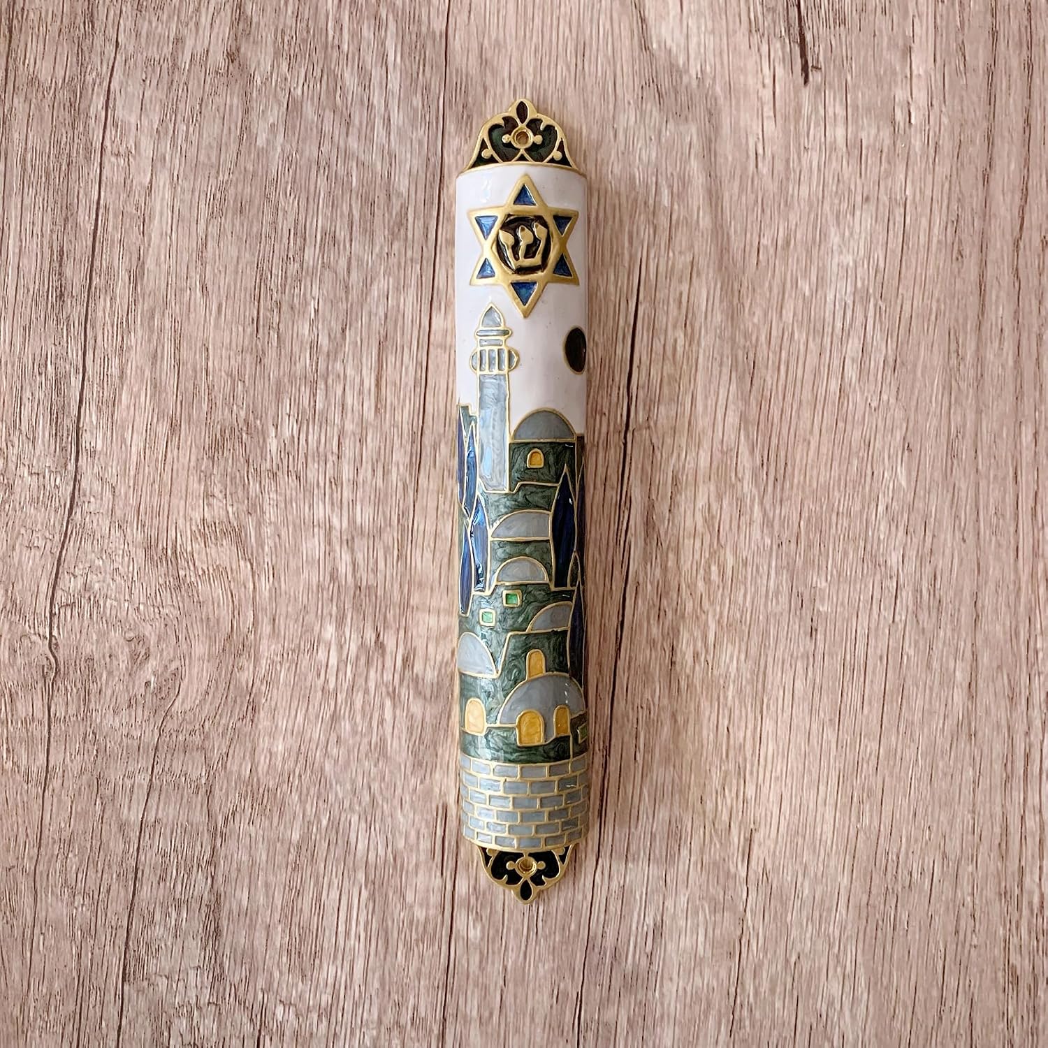 Hand Painted Mezuzah, Exquisite Enamel Mezuzah with Star of David and Jerusalem Motifs image 5