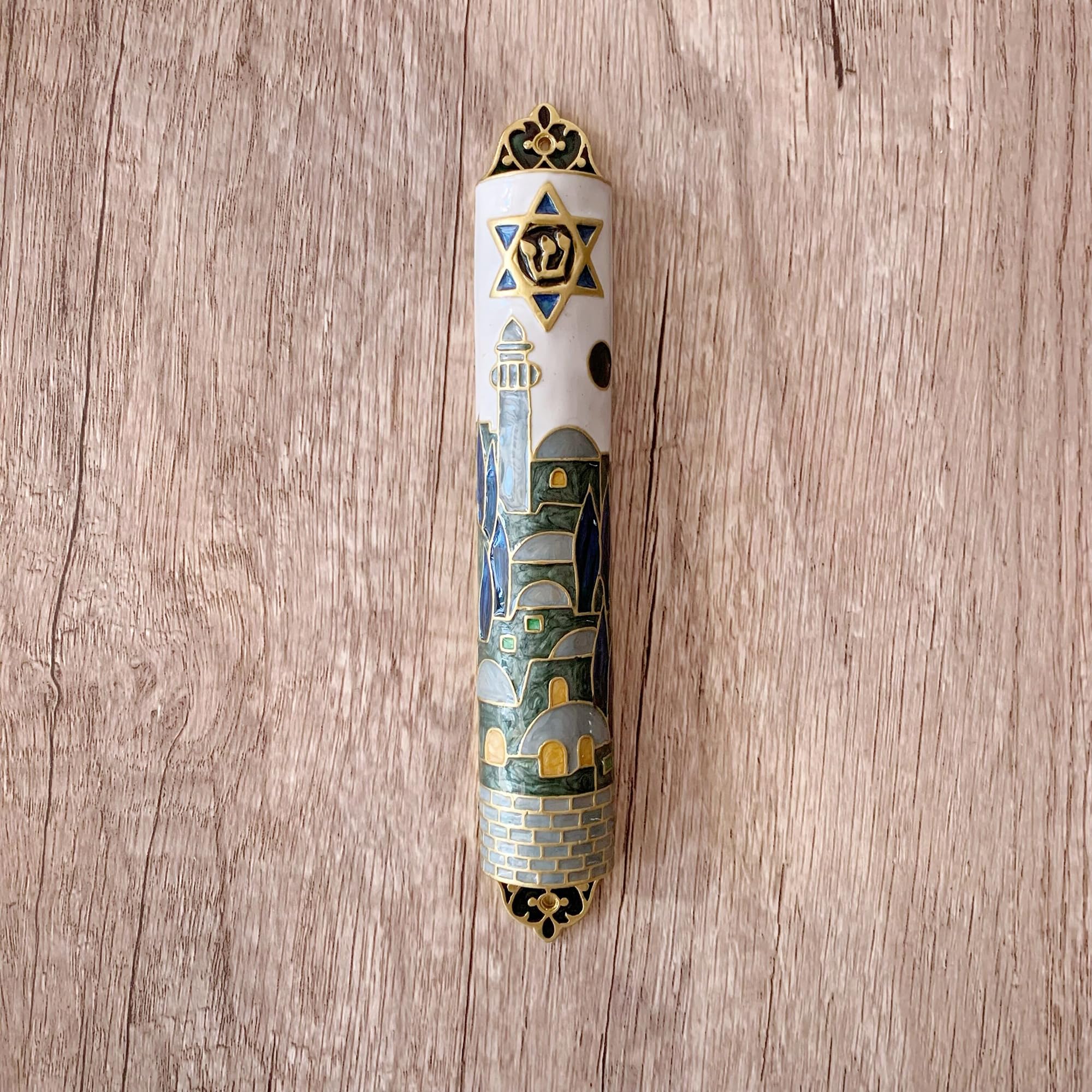 Hand Painted Mezuzah, Exquisite Enamel Mezuzah with Star of David and Jerusalem Motifs