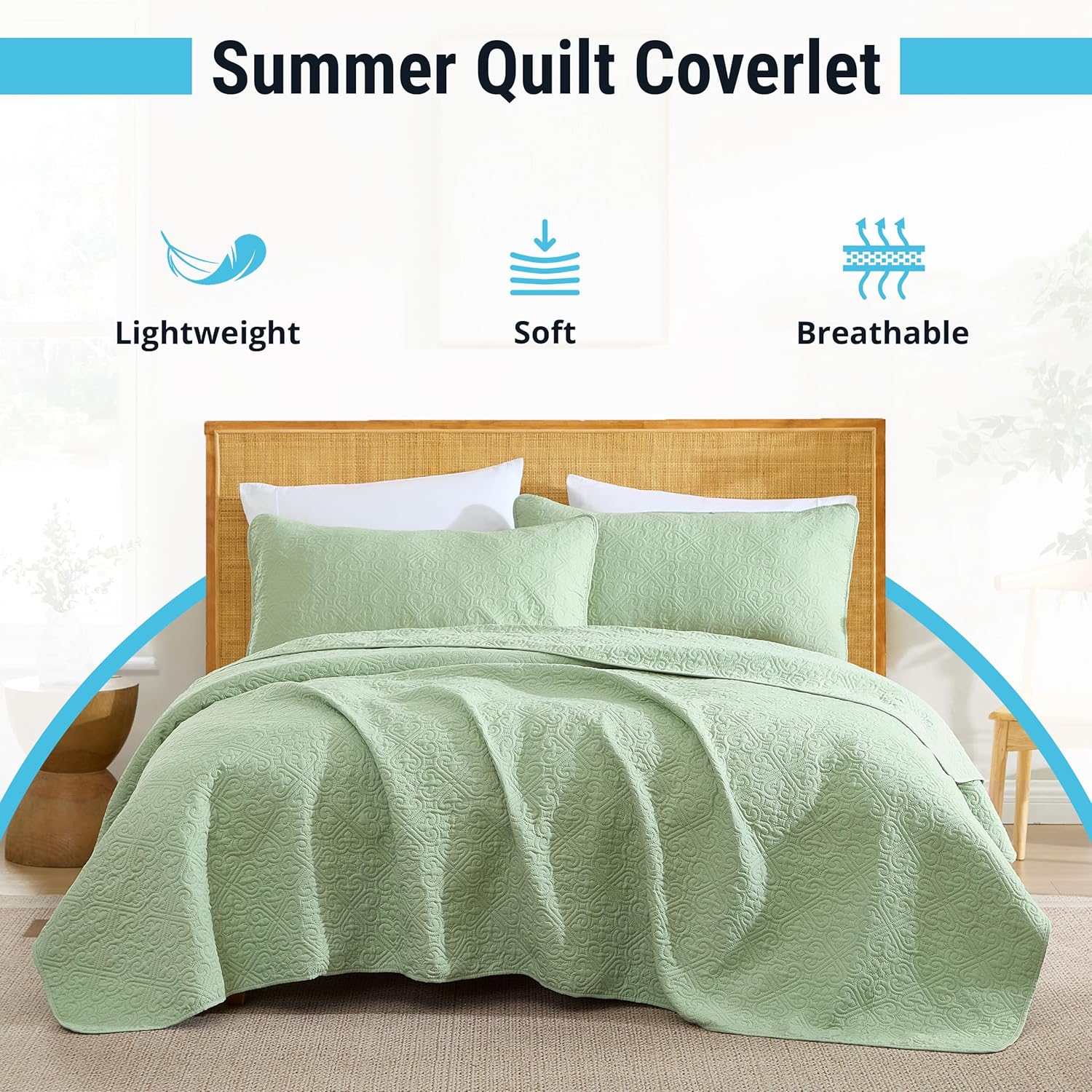 HLC.ME Lorenzo - 3 Piece Full Queen Size Quilt Set, Lightweight Queen Bedspread Coverlet Set (Full/Queen, Sage Green) - Image 2