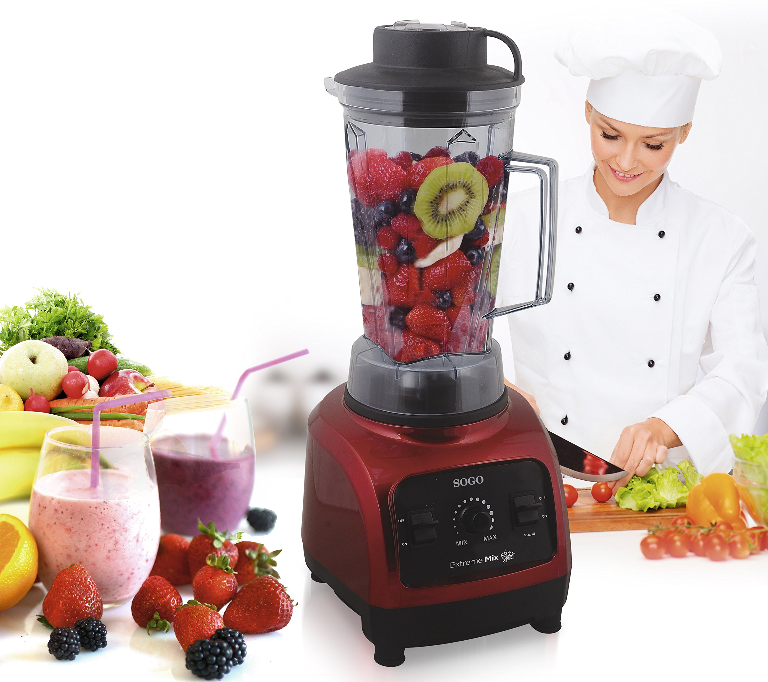 SOGO BAT-SS-5150 SS-5150 Batidora de Vaso Uso Profesional, Licuadora Super Potente, Jarra de 2 litros Sin BPA, 1800 Watts, Color Rojo, W, 2000 milliliters, Plástico