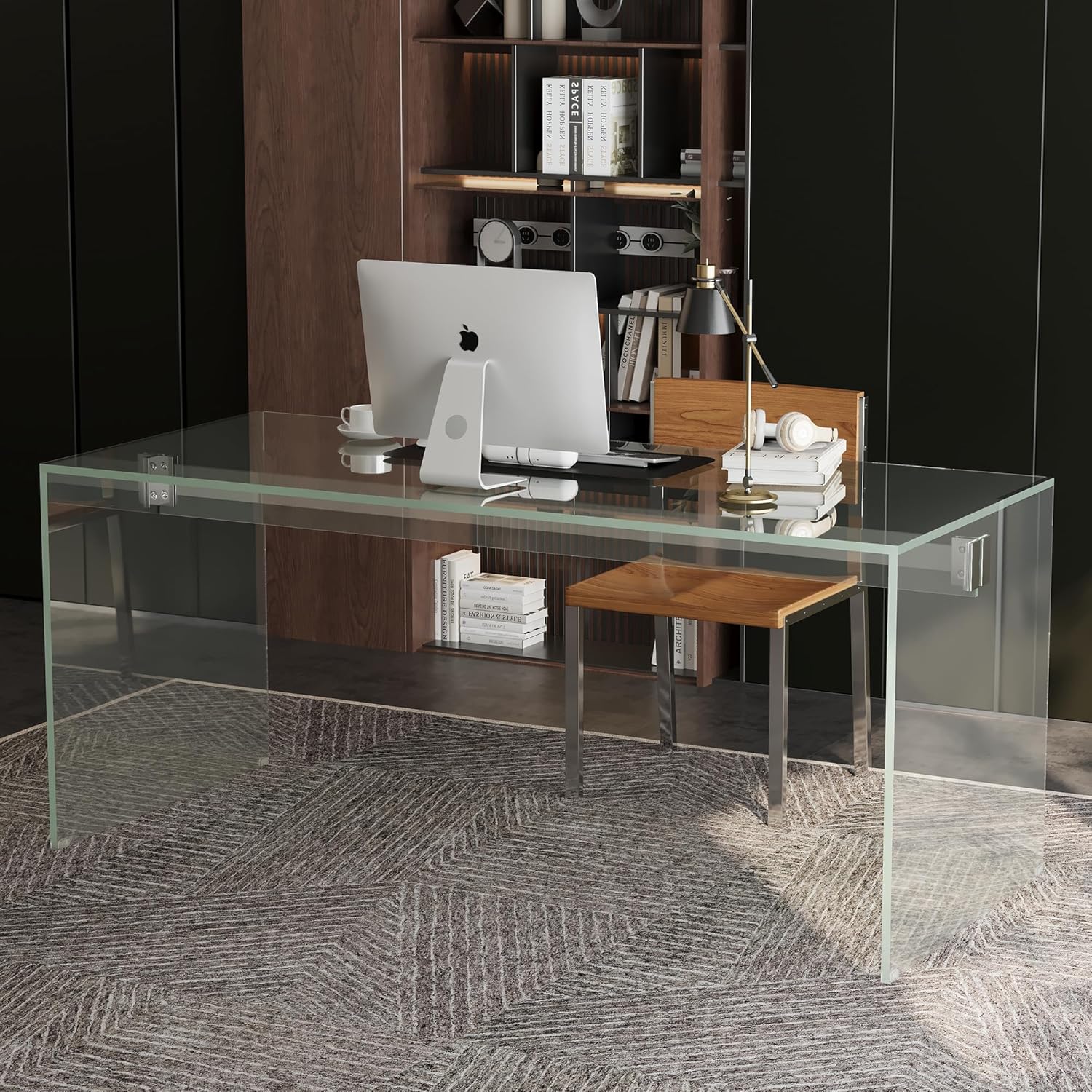 53.14” Rectangular Tempered Glass Desk, Modern Clear Glass Table for Office, Home Workspace, Living Room, or Study
