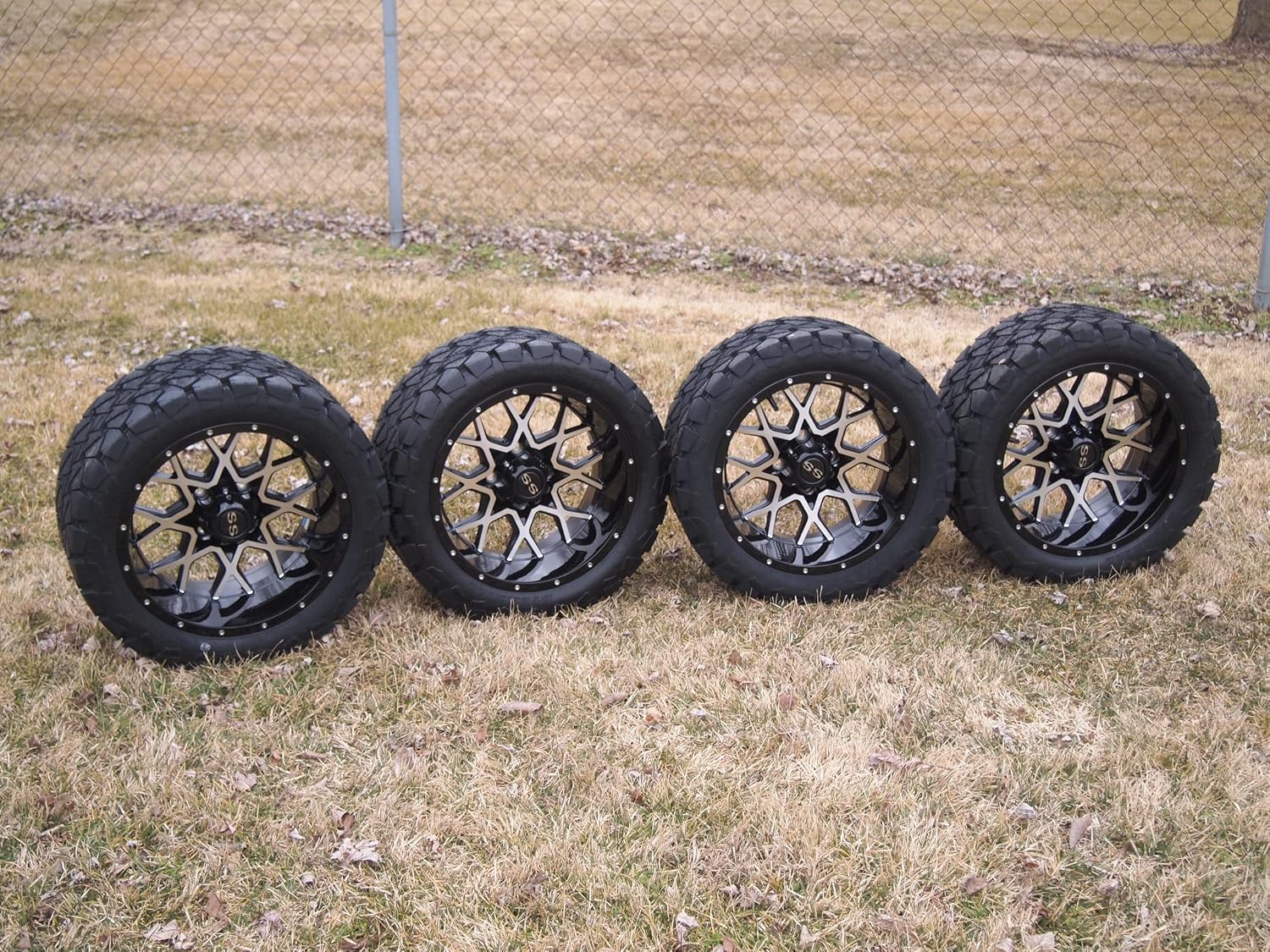 14 Inch Machined Black Fusion Golf Cart Wheels & Tires Set of 4, 22x10-14 All Terrain Tires, 22 Inch Golf Cart Wheels Compatible with EZGO, Club Car, YMH, 5 or 6" Lift Kit Required