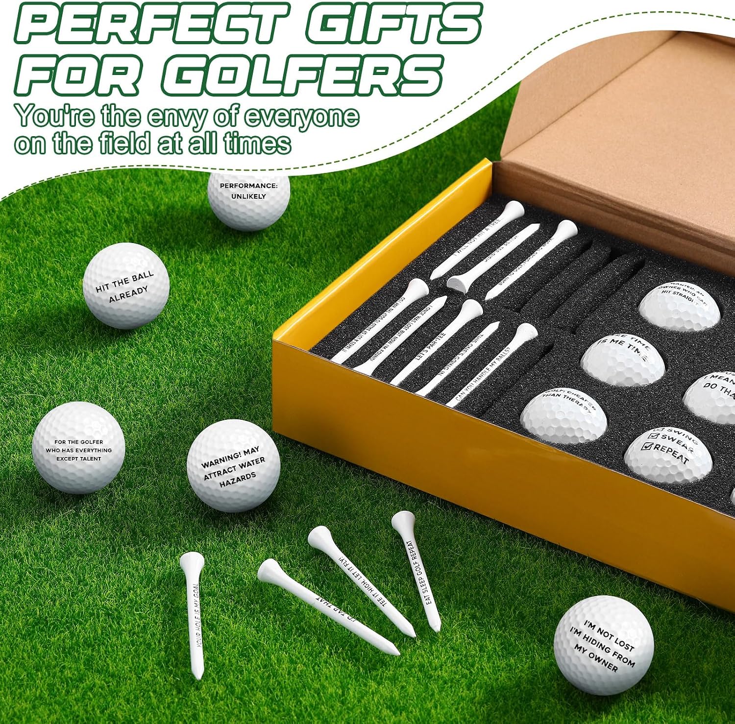 MiniInflat 12 Pcs Funny Golf Balls and Tees Set with Gift Box Golf Accessories for Men Dad Grandpa Golfers Perfect Father's Day Birthday Gift