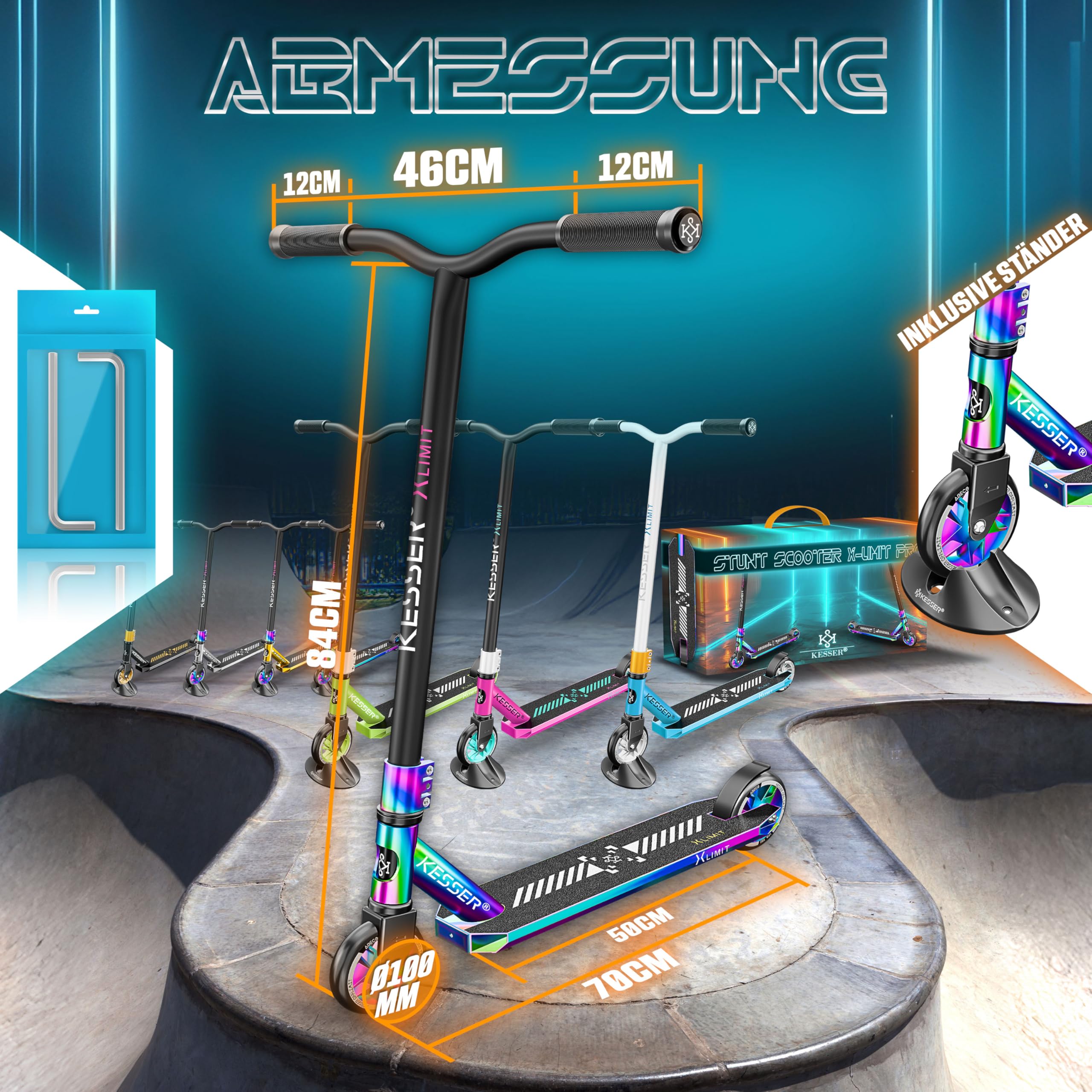 KESSER® Stunt Scooter X-Limit-Pro 360° Lenkung Funscooter Stuntscooter mit Ständer ABEC 9 Kugellagern, 110mm PU Räder, Kickscooter Tretroller Cityroller Trick Roller für Kinder Erwachsene