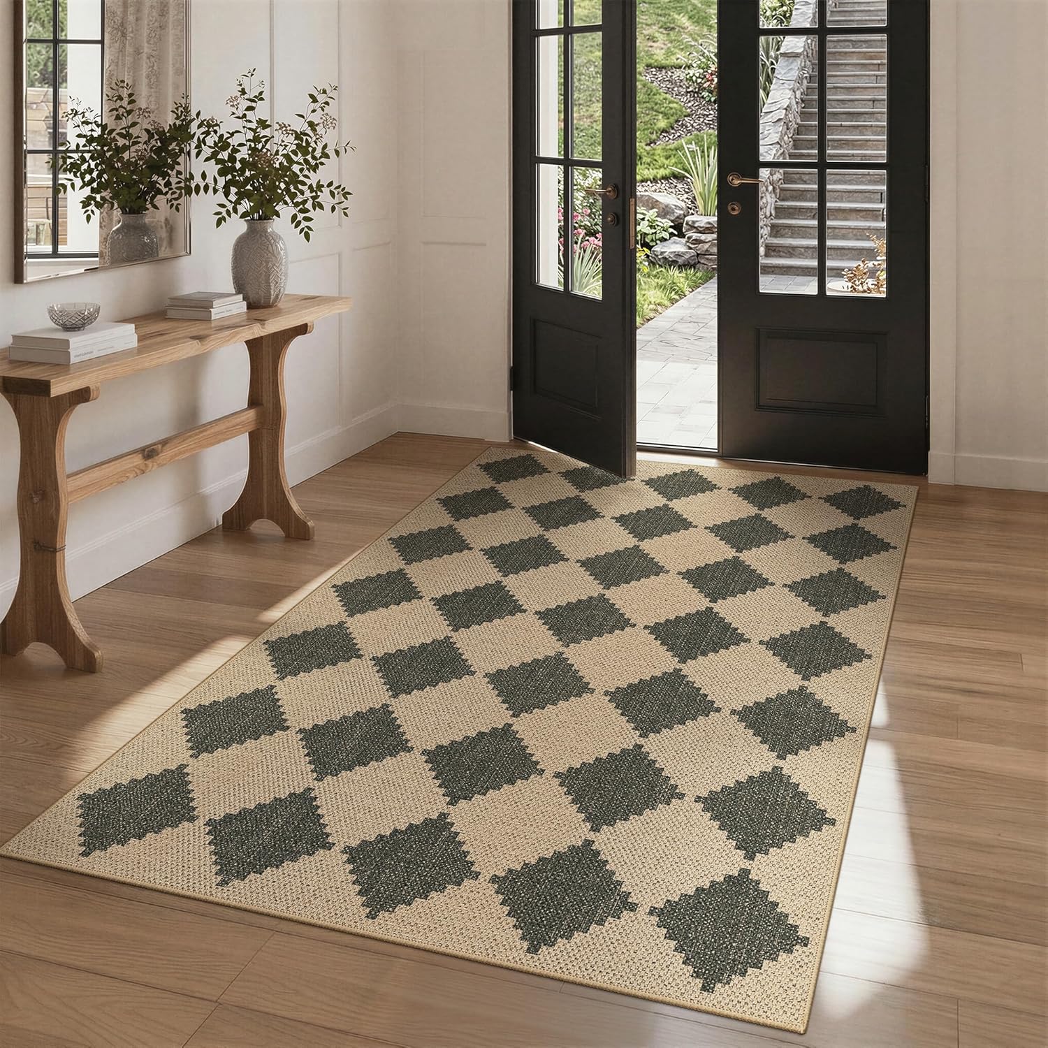 Bavni Checkered Easy Jute Rug,3x5 Area Rug Machine Washable Non Slip Woven Plaid Carpet, Geometric Diamond Non Shedding Low Pile Modern Farmhouse Floor Mat for Living Room, Bedroom, Entryway