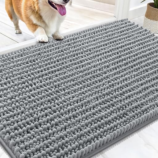 OLANLY Dog Door Mat for Muddy Paws 30x20, Ultra-Absorbent Chenille Mud Mat | Grey, Absorbs Moisture and Dirt, Non-Slip Washable Doormat, Quick-Drying Indoor Entryway Floor Carpet for Dogs and Muddy Paws