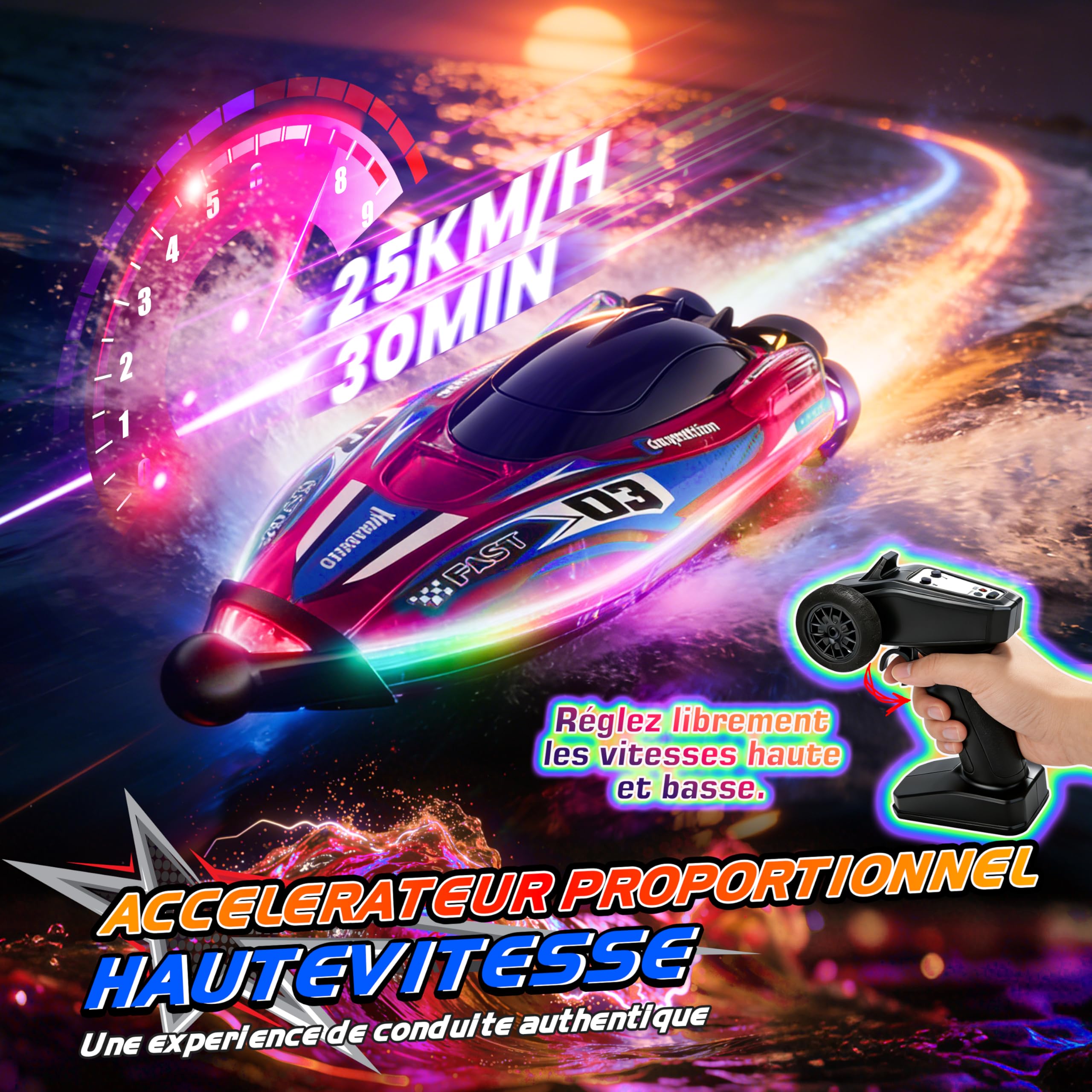 FORMIZON Bateau Télécommandé 25 km/h, Bateau RC avec Lumière LED pour Piscine et Lacs, 2,4GHZ Speedboat de Course RC avec Anti-Enchevêtrement à l’Arrière, Boat Jouet Piscine pour Enfants (Rouge)