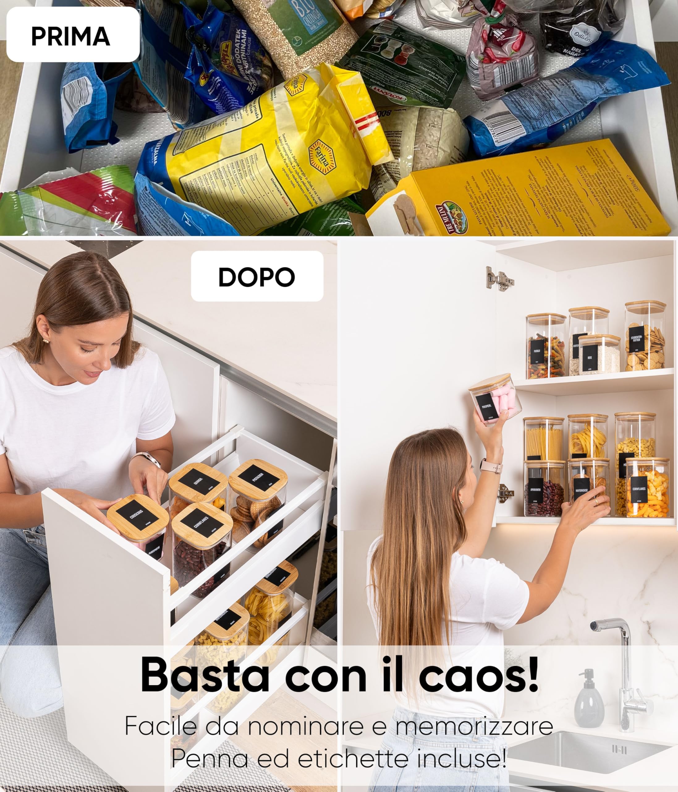 Set 12 Barattoli In Vetro Per Dispensa – Quadrati Con Coperchi In Silicone – Borosilicato