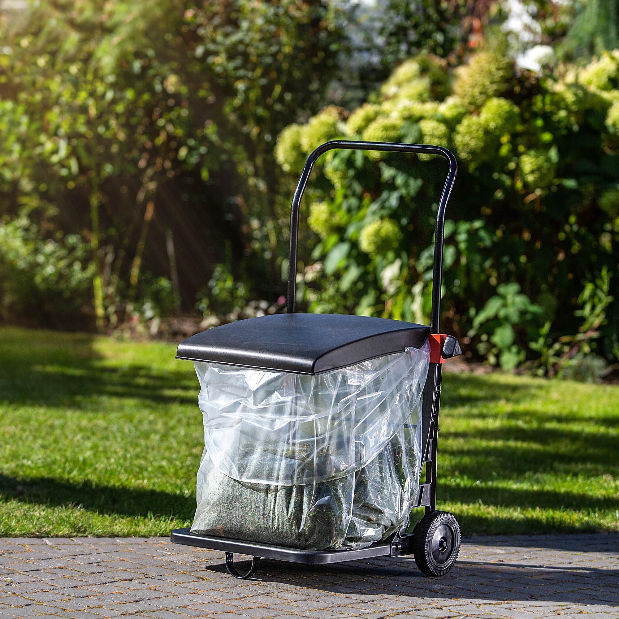 KADAX Carro de basura de 80 l, cubo con tapa y ruedas, soporte para bolsas móviles para jardín, acero y plástico