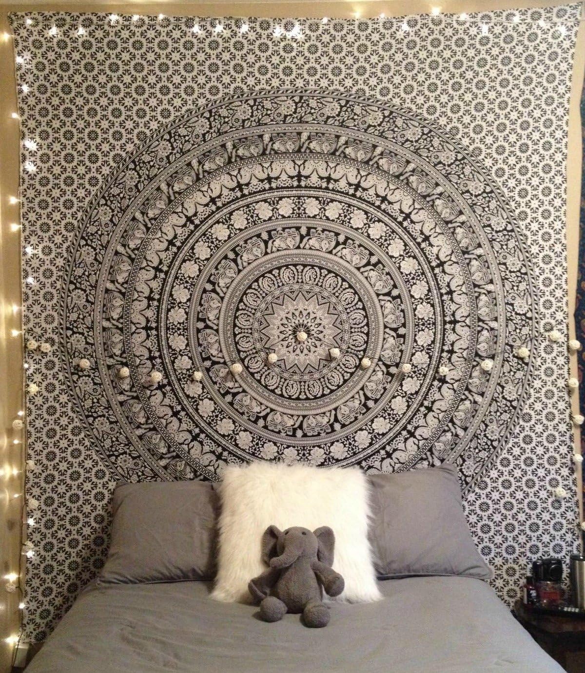 Jaipur Handloom Black and White Hippie Elephant Mandala Tapestry wall hanging Psychedelic Hippie Mandala Tapestry Dorm Decor Bohemian bedspread bedding bed cover Picnic Blanket