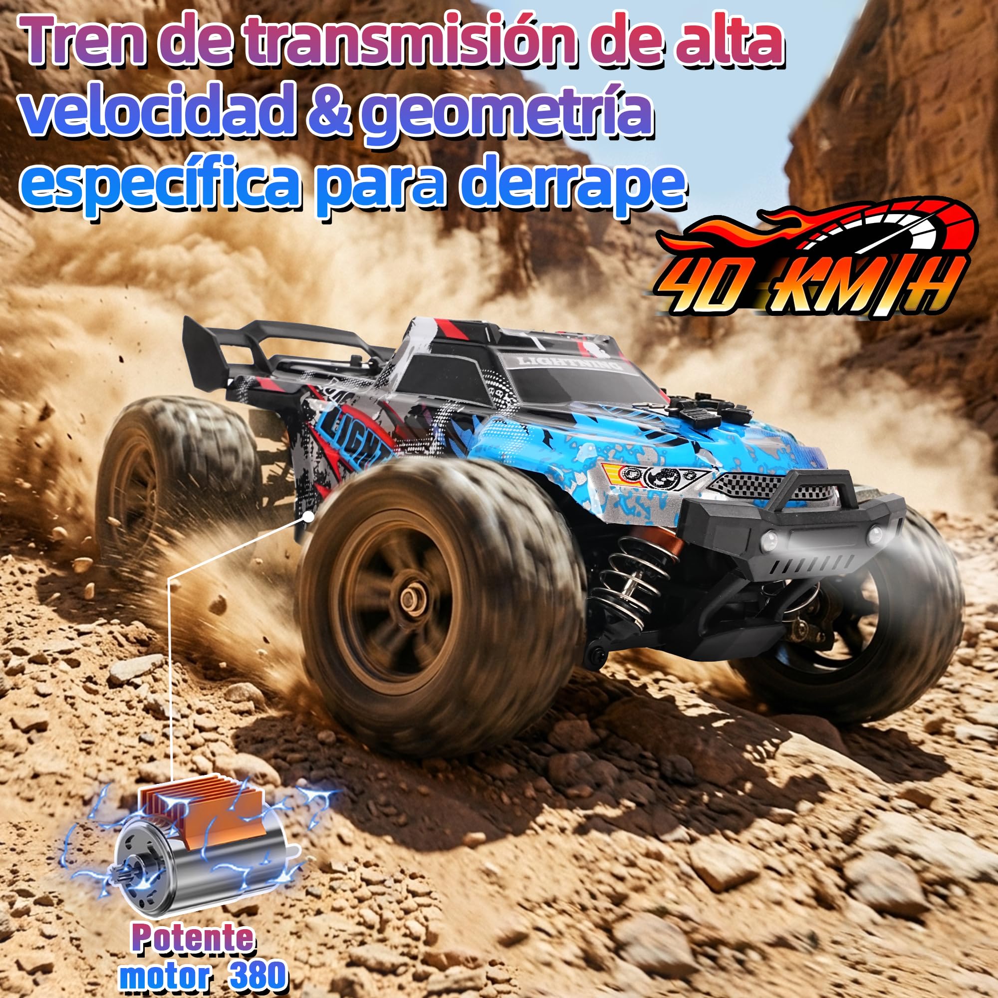 Coche teledirigido - 1:18 4WD Rc Auto 40KMH de alta velocidad 2,4 GHz Camión todoterreno con amortiguadores de metal y engranajes de metal con dos baterías para adultos y niños – Azul