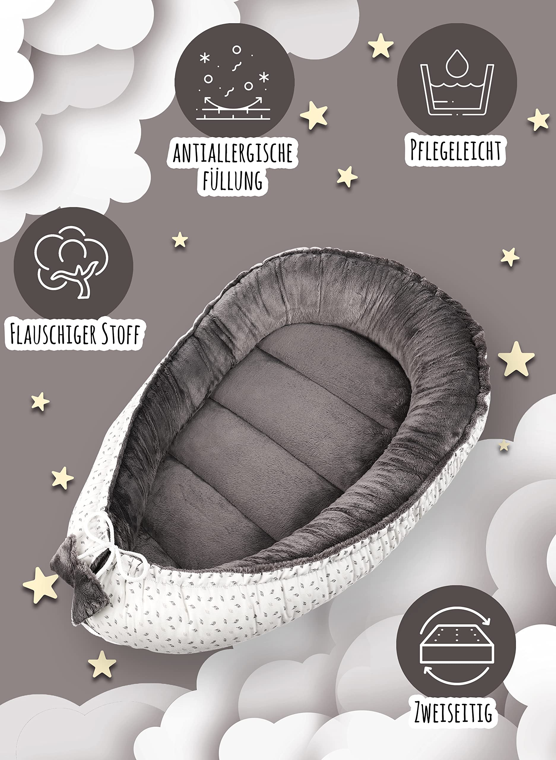 PIMKO Nido de peluche de 2 caras para bebé, nido de peluche, capullo para bebés y recién nacidos, nido para niñas y jóvenes, ultra suave (felpa gris)