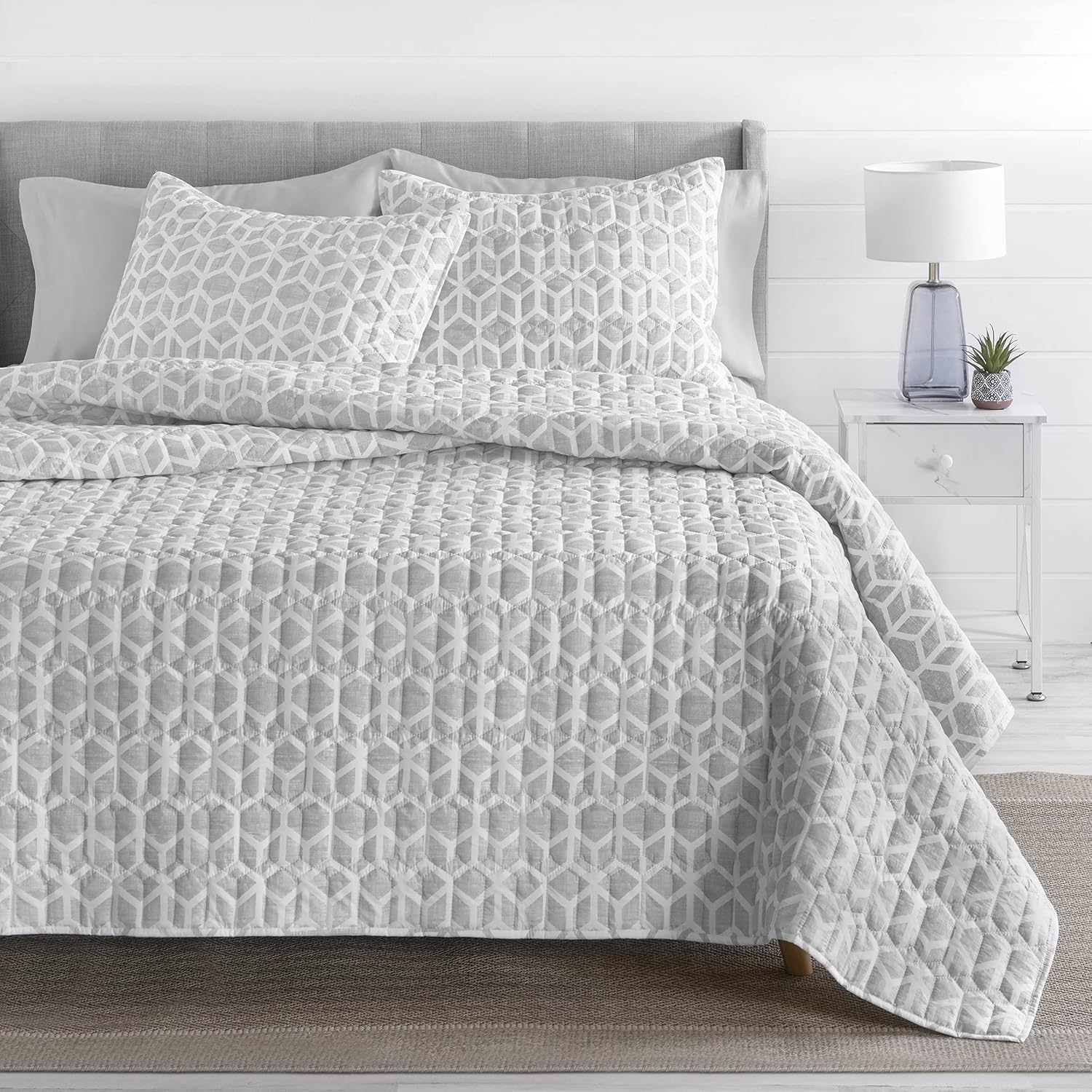 Welhome Thomas Cotton Percale Quilt King Size Set - 3 Piece | 1 Grey Quilt - 2 Shams | Winter Bedspread | Soft Breathable | New Apartment Essentials | Courtepointes Edredones| Storm Cloud Gray