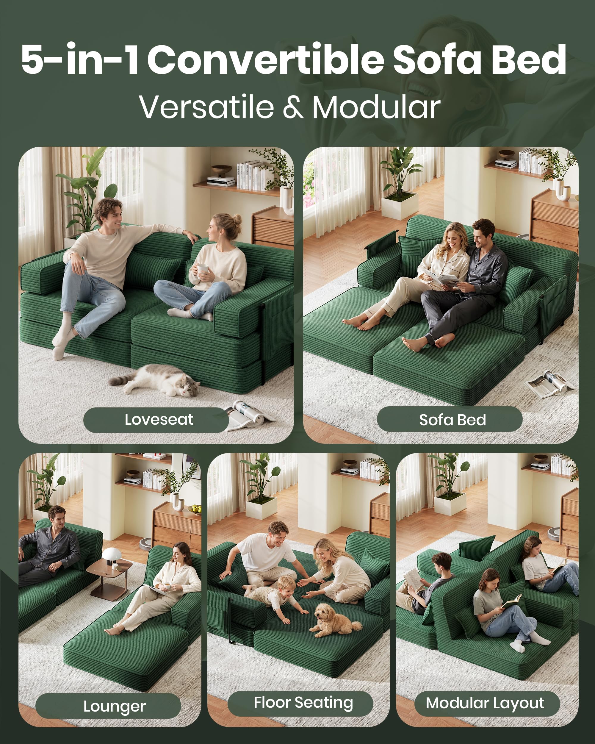 Divano letto disossato, 190 cm, divano modulare convertibile 5 in 1, velluto a coste senza montaggio, divano letto matrimoniale pieghevole a 2-3 posti con contenitore, 4 cuscini e struttura in metallo