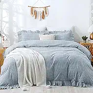 TOCOMOA Blue Gingham Duvet Cover Bedding Set 100% Washed Cotton Like Linen Texture Soft Breathable 3 Piece Plaid Checkered Cute Ruffle Comforter Cover Set (Full 80"x90", Comforter Not Included)