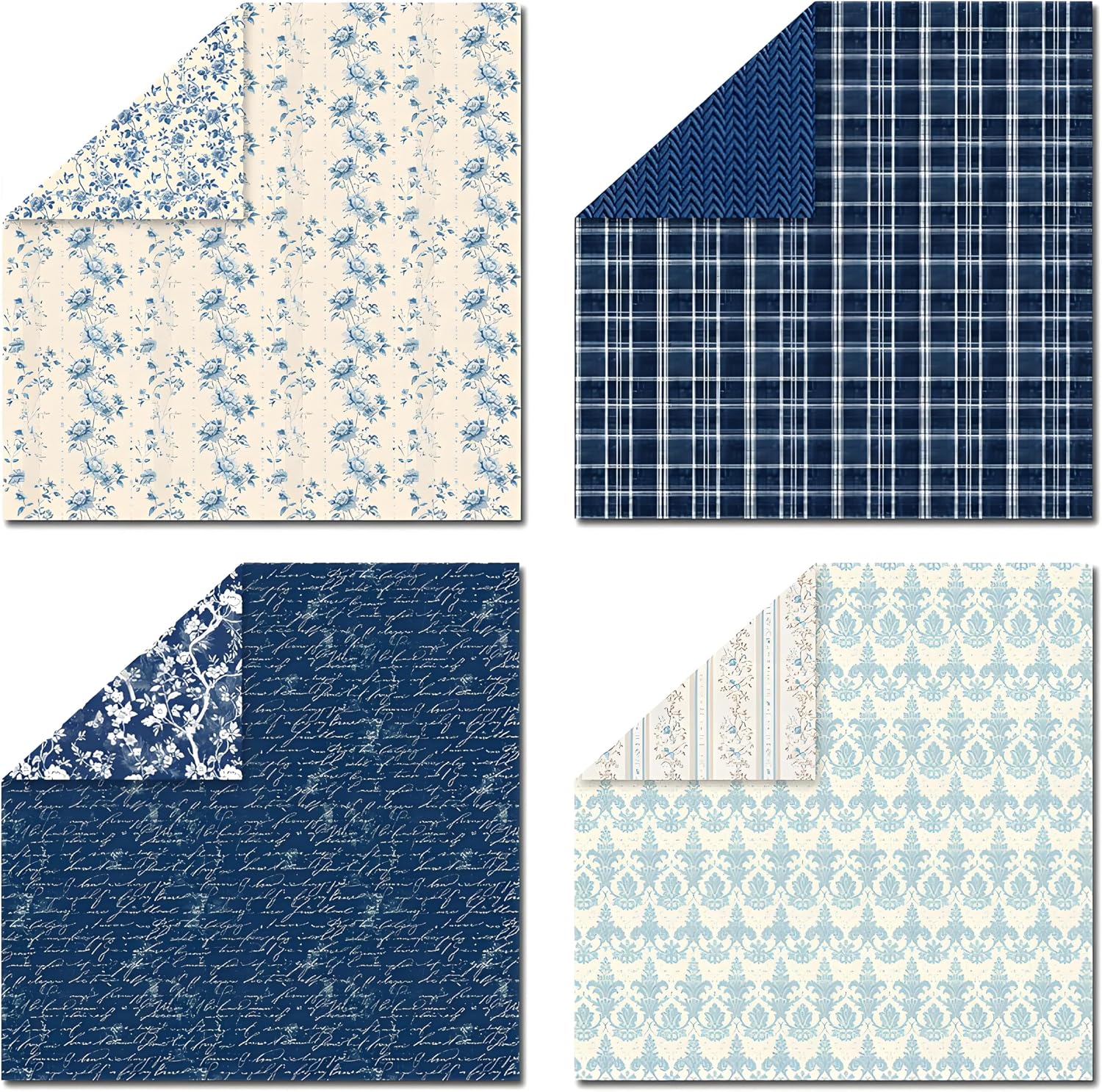 VIVIQUEN Navy Blue Vintage Floral Scrapbook Paper – 24 Sheets Double-Sided Botanical Designs with Antique Flower Textures, Acid-Free 160g Cardstock for DIY Crafts, Card Making, Scrapbook, Photo Albums