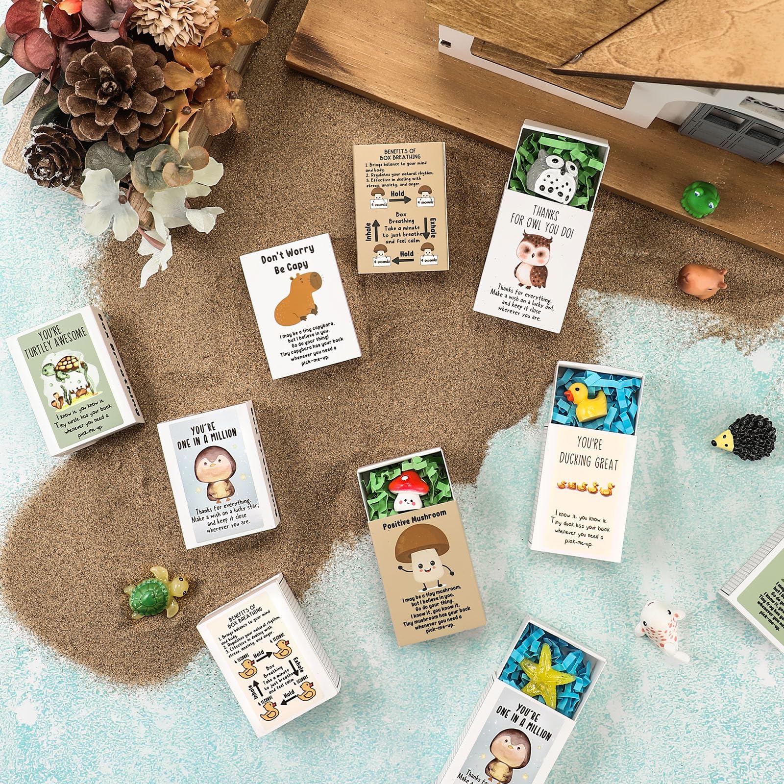 Soulchen 20 Set End of School Year Gift Mini Emotional Box Breathing Animals Inspirational Positive Support Gift for Employee Small Resin Animal Figurines with Pun Box for Teacher Nurse Office (Funny)