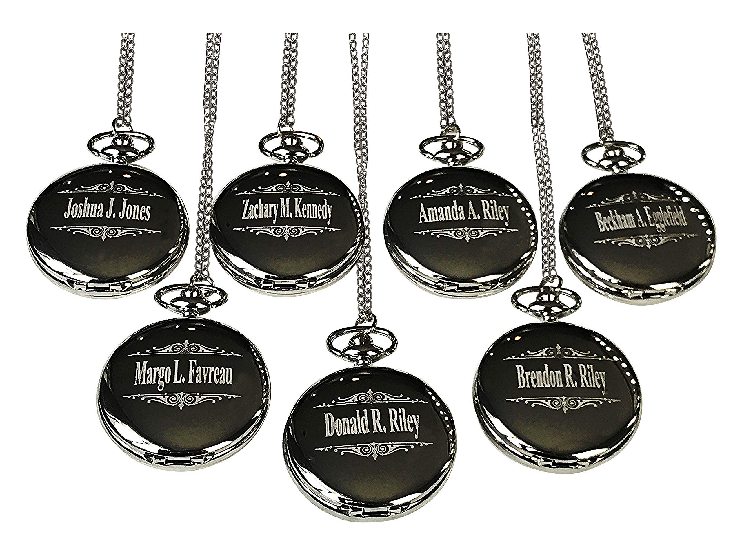 8 Gold Polished Engraved Pocket Watches - Gift Box Set of 8 for Weddings - Groomsmen Personalized Gifts with Chain and Box Included - Engraving Included (Black)