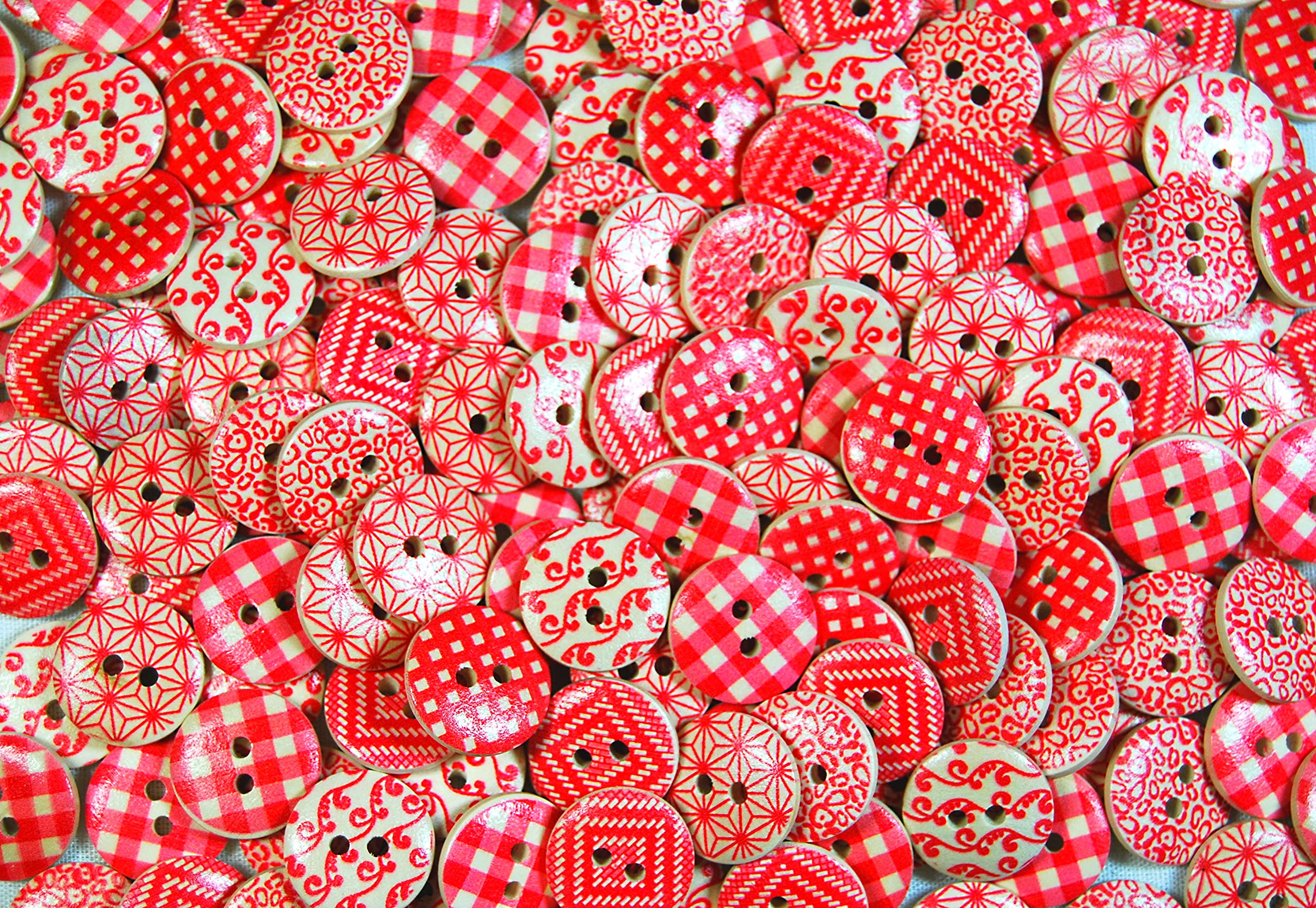 celloexpress Round Wooden Buttons - Multi Patterned Prints - Decorative Buttons (Red 25mm, Pack of 100)