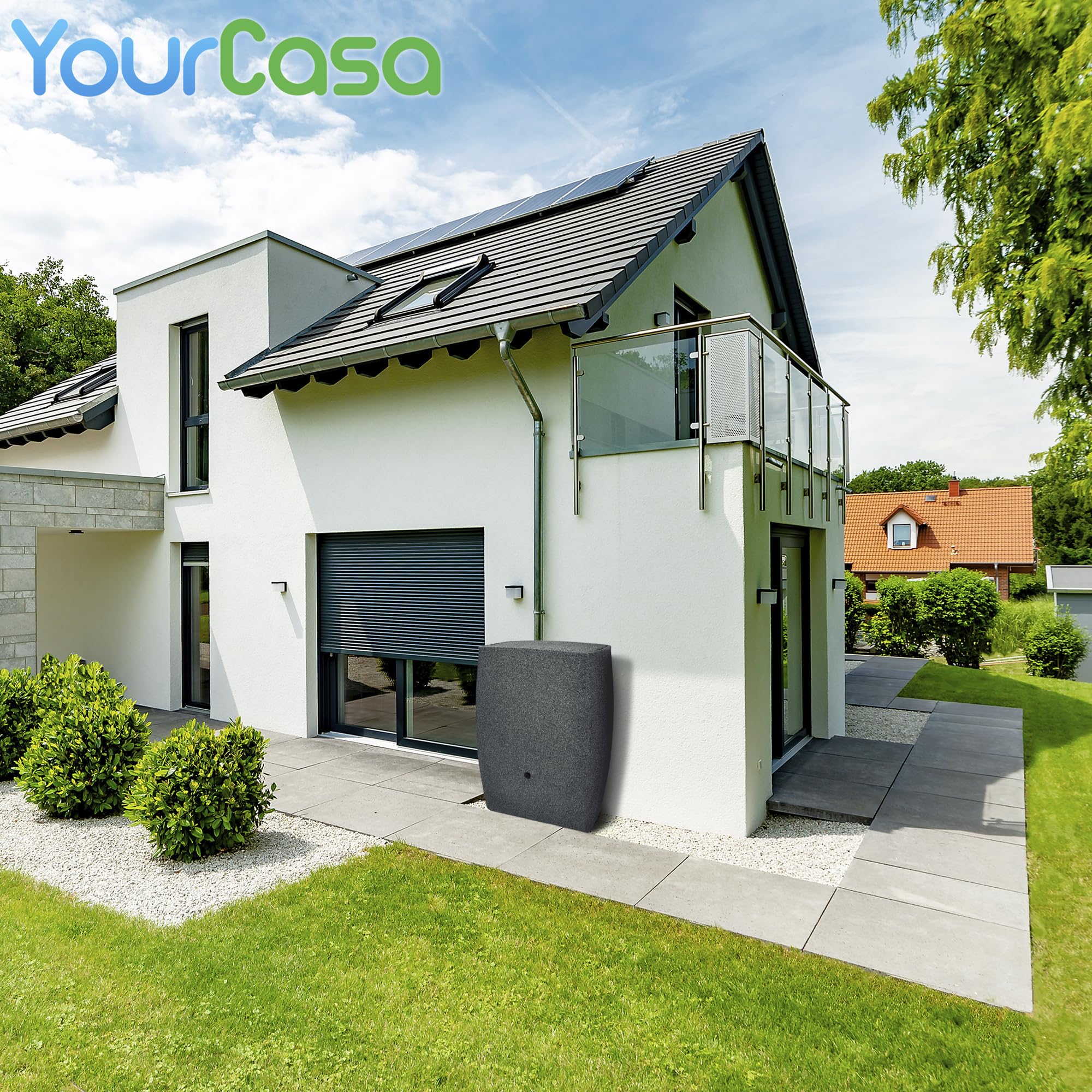 YourCasa Regentonne 270 Liter [QuadraFlow Rain] Eckig und Schmal - Metallgewinde und Deckel- Regenfass Frostsicher aus Kunststoff - Regenwassertonne - Regenwassertank Garten Wassertank Regensammler