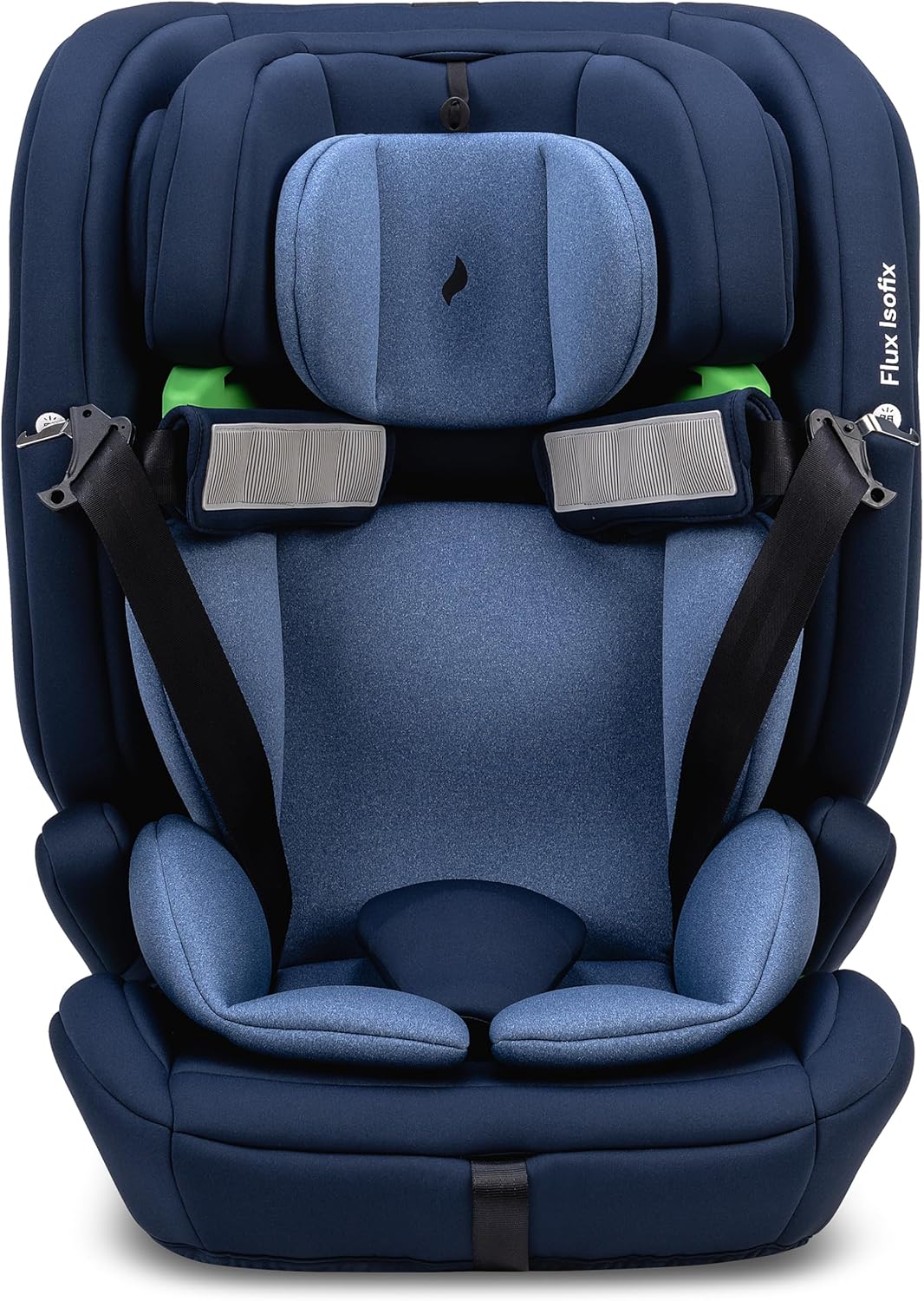 Przód view of the OSANN Flux Isofix car seat configured for use with the vehicle's 3-point seat belt, with the 5-point harness removed.