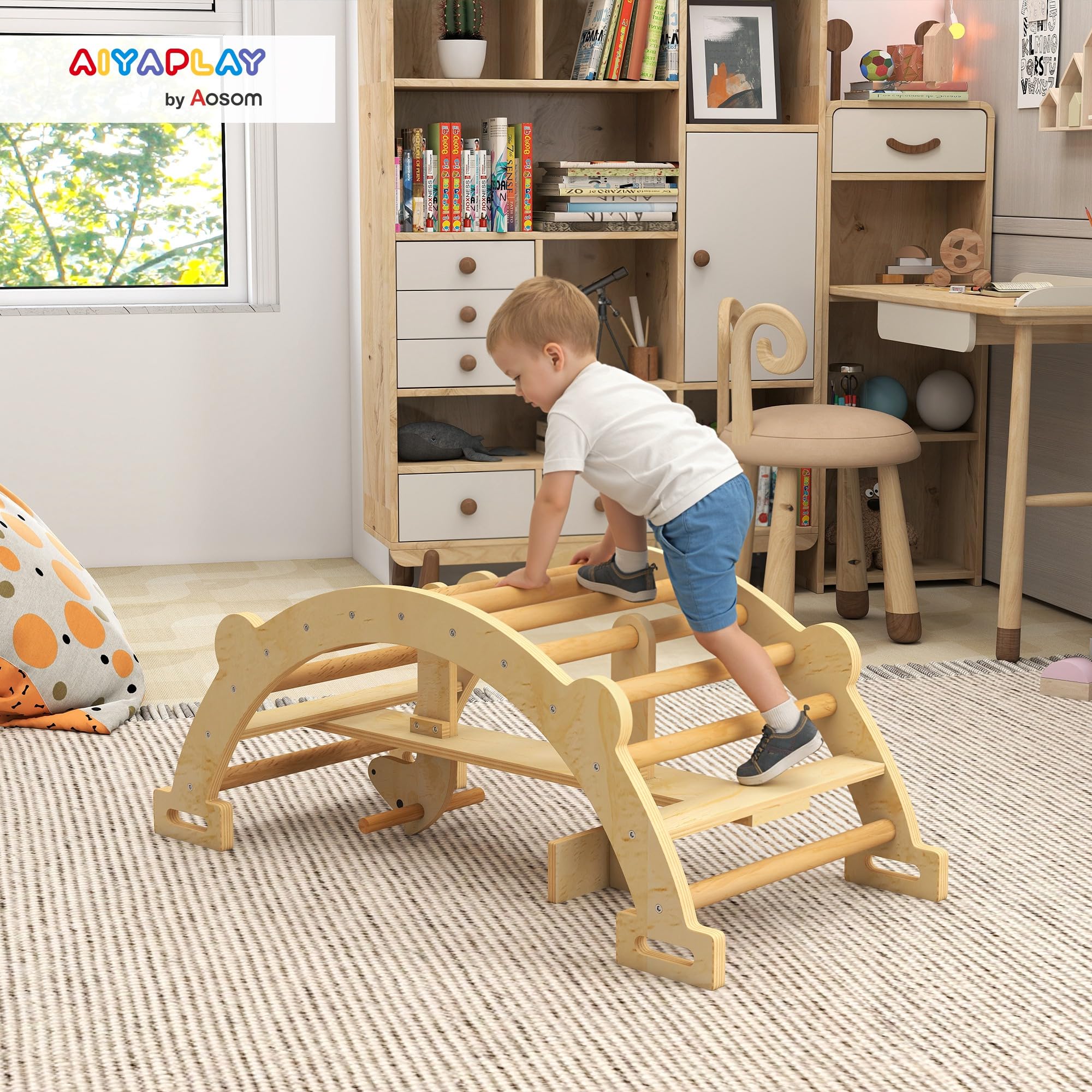 AIYAPLAY 2 en 1 Arco de Escalada de Madera y Caballito Balancín, Estructura de Escalada Montessori, Juguetes Educativo de Interior para Niños de 2-4 Años, Natural