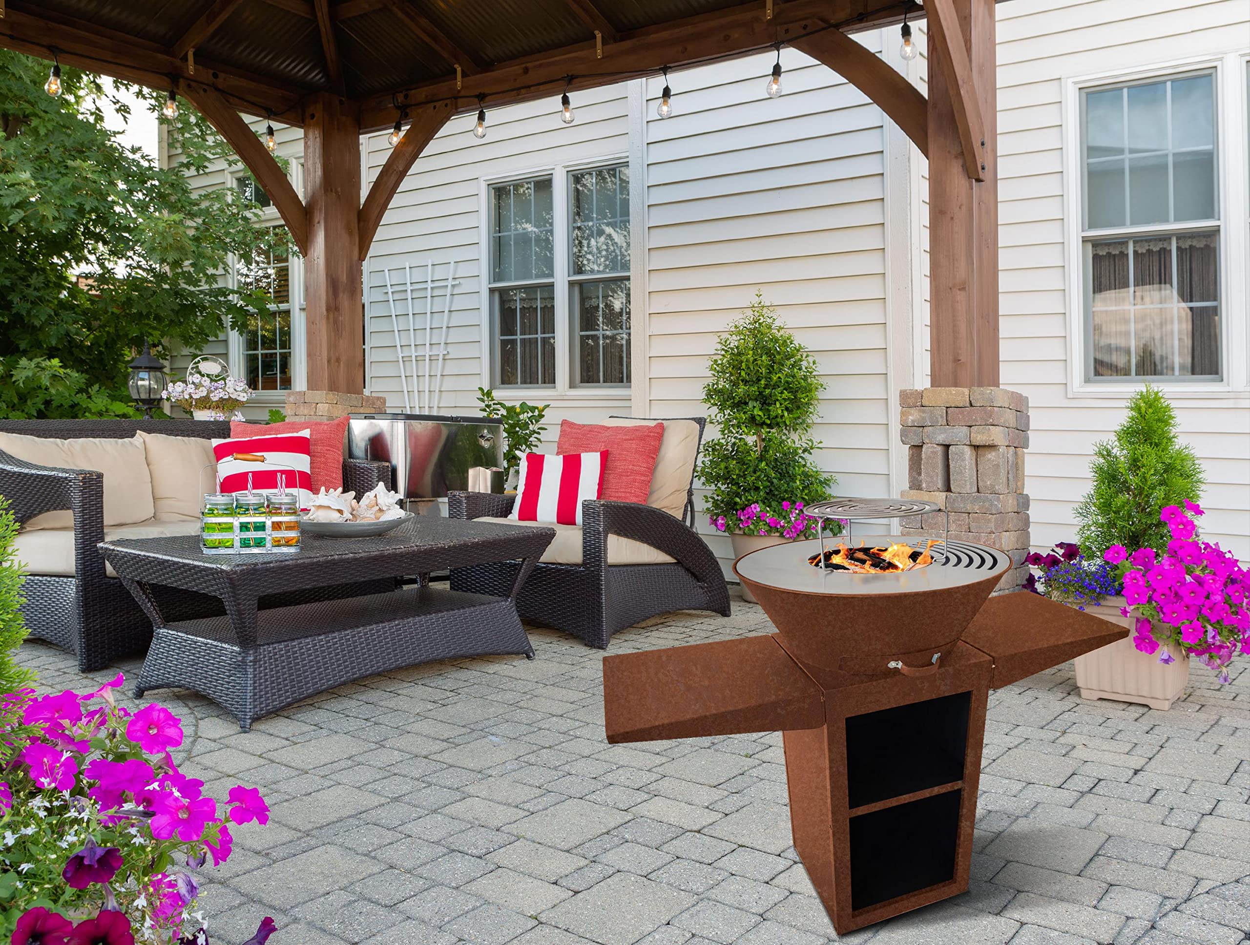 PUR LINE | Barbacoa de carbón, leña o pellets en acero corten con plancha redonda de 60 cm EFP57CO - Parrilla exterior con grill y soporte, barbacoa de acero corten resistente para jardín y terraza