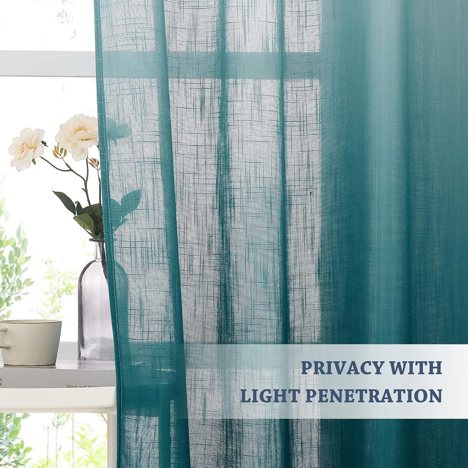 NICETOWN Ombre Linen Sheer Curtains Extra Long for Kids Room, Grommet Privacy Semi Sheer Linen Window Drapes Sweep to Floor Decorative for Villa/Living Room, Teal, 2 Panels, W50 x L95