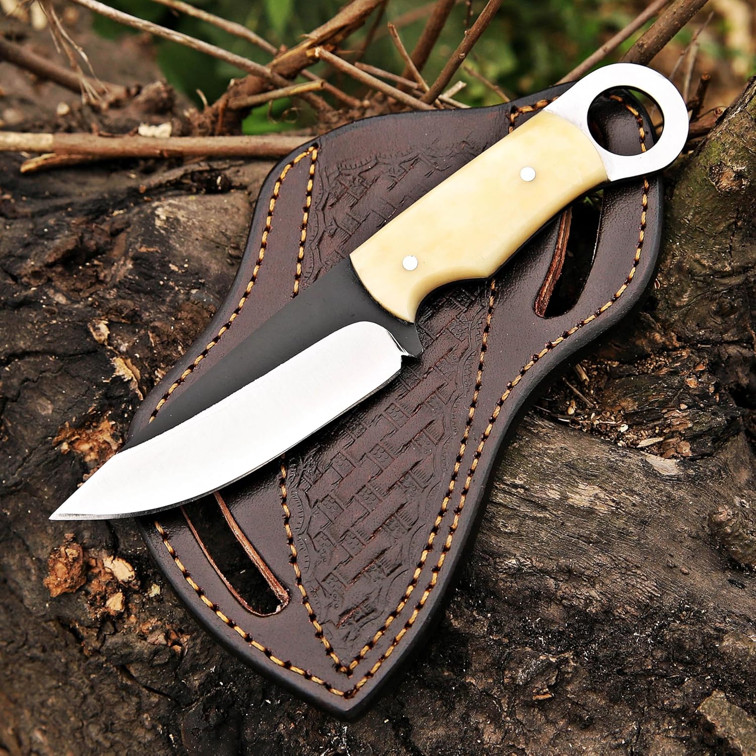 TAC KNIVES 8'' Full Tang Fixed Blade Outdoor Camping Hunting Knife In Sheath Gift For Him 1095 High Carbon Steel SKINNER Knife Gift Cowboy knives Pancake leather sheath (WOOD 402)
