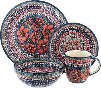 Blue Rose Polish Pottery - Red Jungle Flower 16 Piece Dinner Set - 4 Place Settings - Great for Everyday Dining, Casual Dining, or as Formal Dinnerware