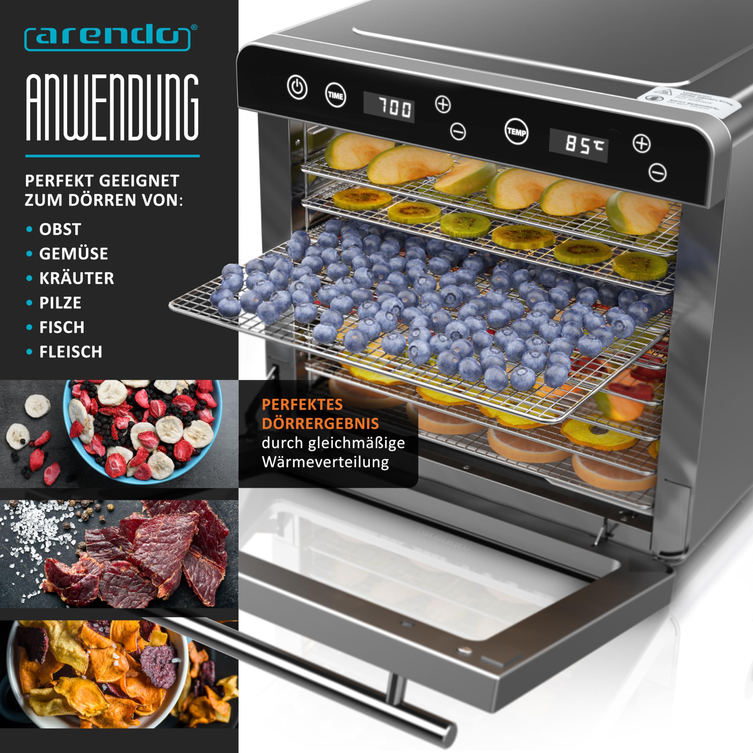 Arendo - Dörrautomat Edelstahl mit 8 Edelstahlgitter - 700 W - 35°-85°C - 8 Edelstahl Einlegetabletts mit insgesamt 6700 cm² - Dörrgerät Dehydrator Obsttrockner Dörrapparat - Obst Fleisch Pilze uvm