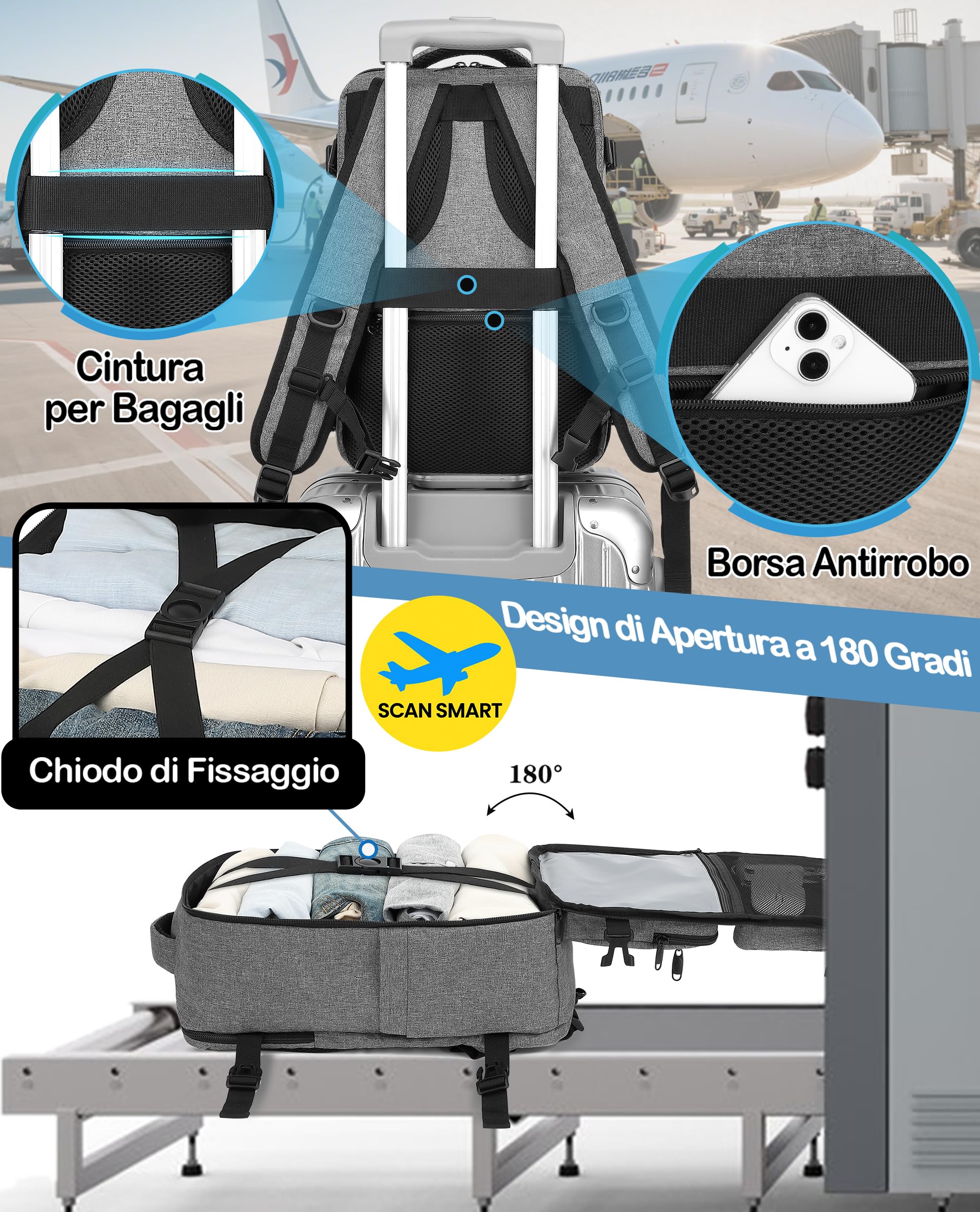 LYNXCHER Zaino da Viaggio Easyjet 45x36x20 Bagaglio a Mano Aereo 30L Borsa da Cabina per Uomo e Donna per Laptop da 15.6 Pollici Grigio