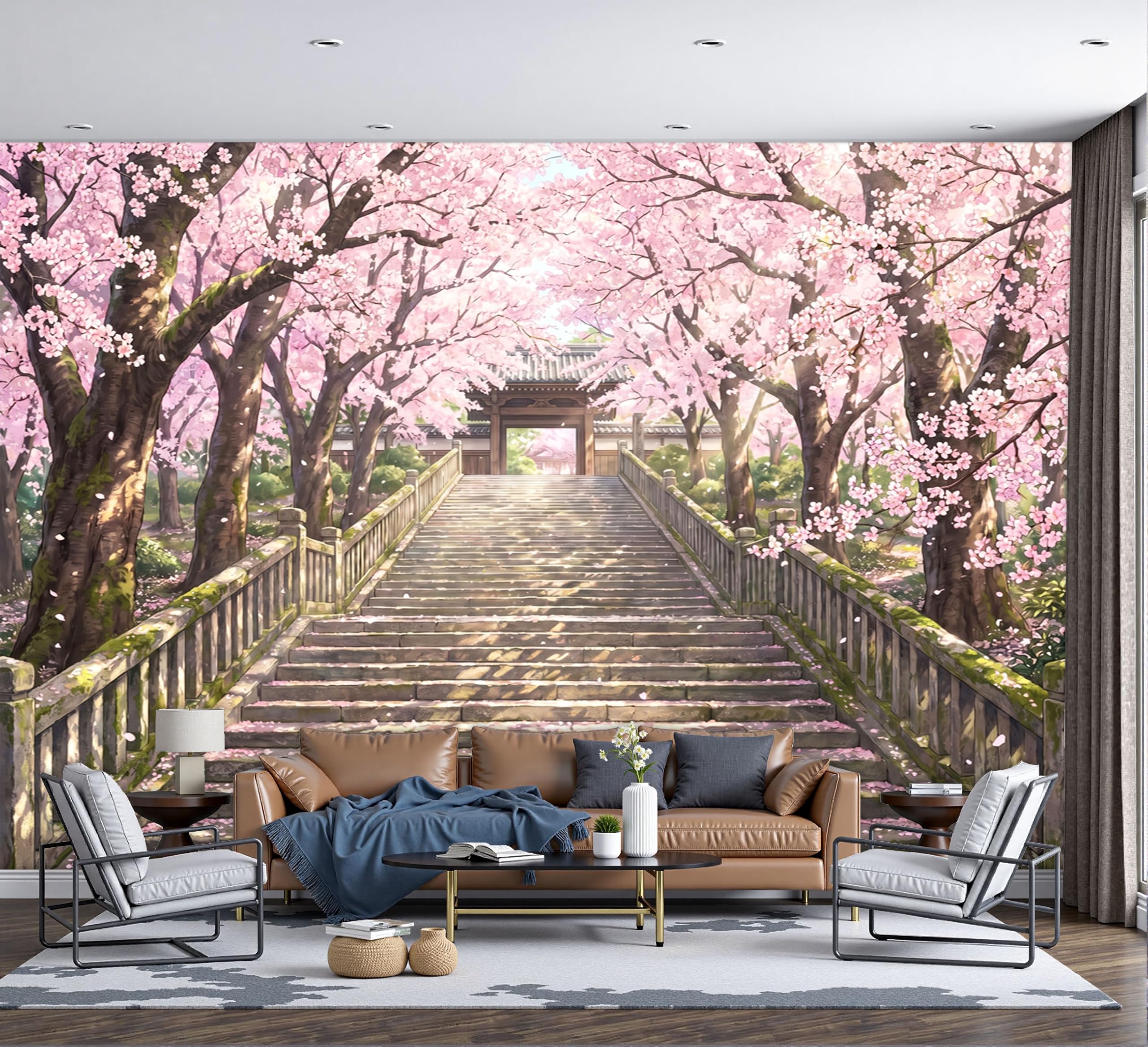 Papier peint anime japonais pour transformer un mur blanc en escalier de fleurs rose