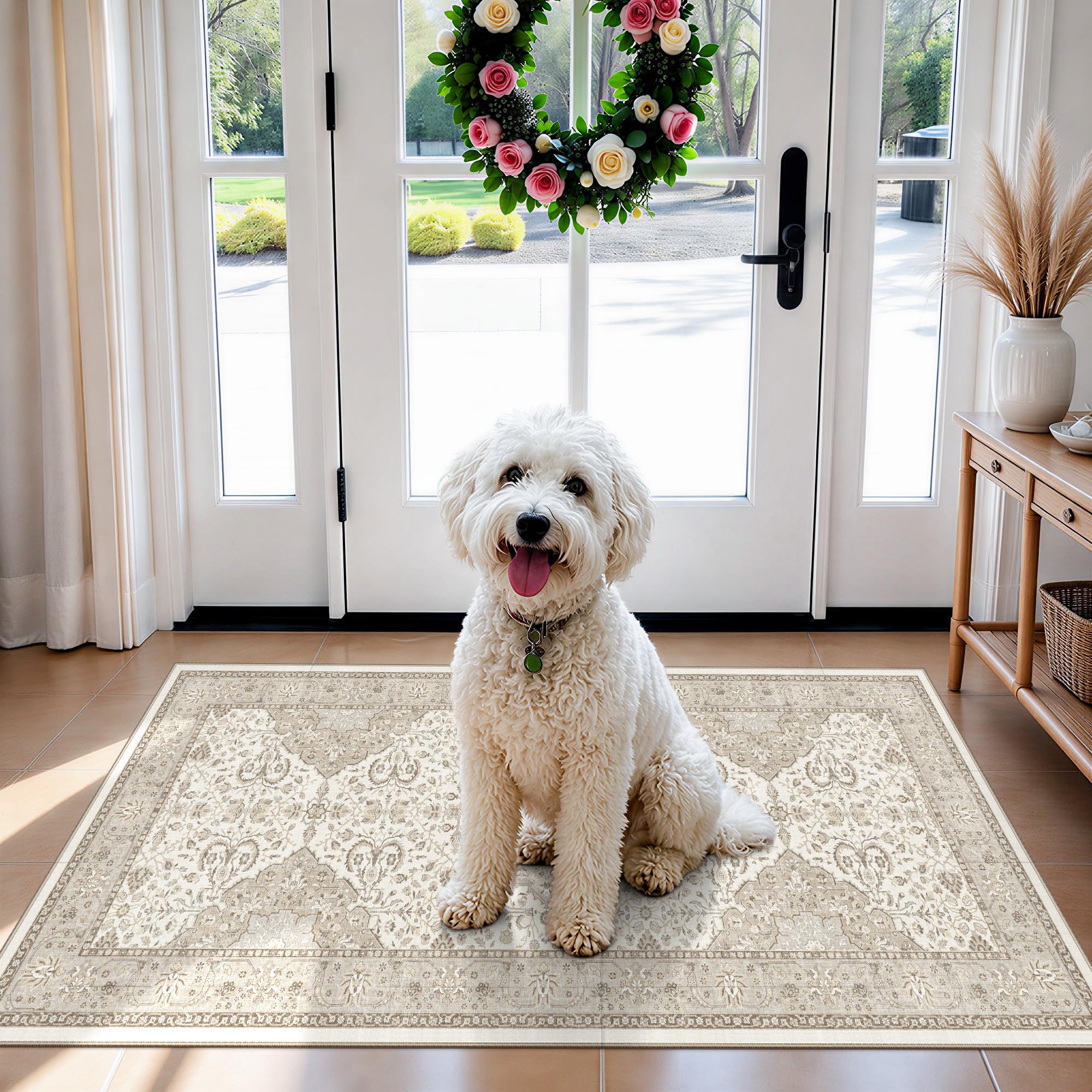 HY HAOYUNLAI Washable 2x3 Entryway Area Rug Non-Slip Slim-Profile Carpet | Soft Ivory Office Kids Room Beside Rug Farmhouse Durable Floor Mat Bedroom Bathroom Door Mat Stain Resistant Kitchen Rug