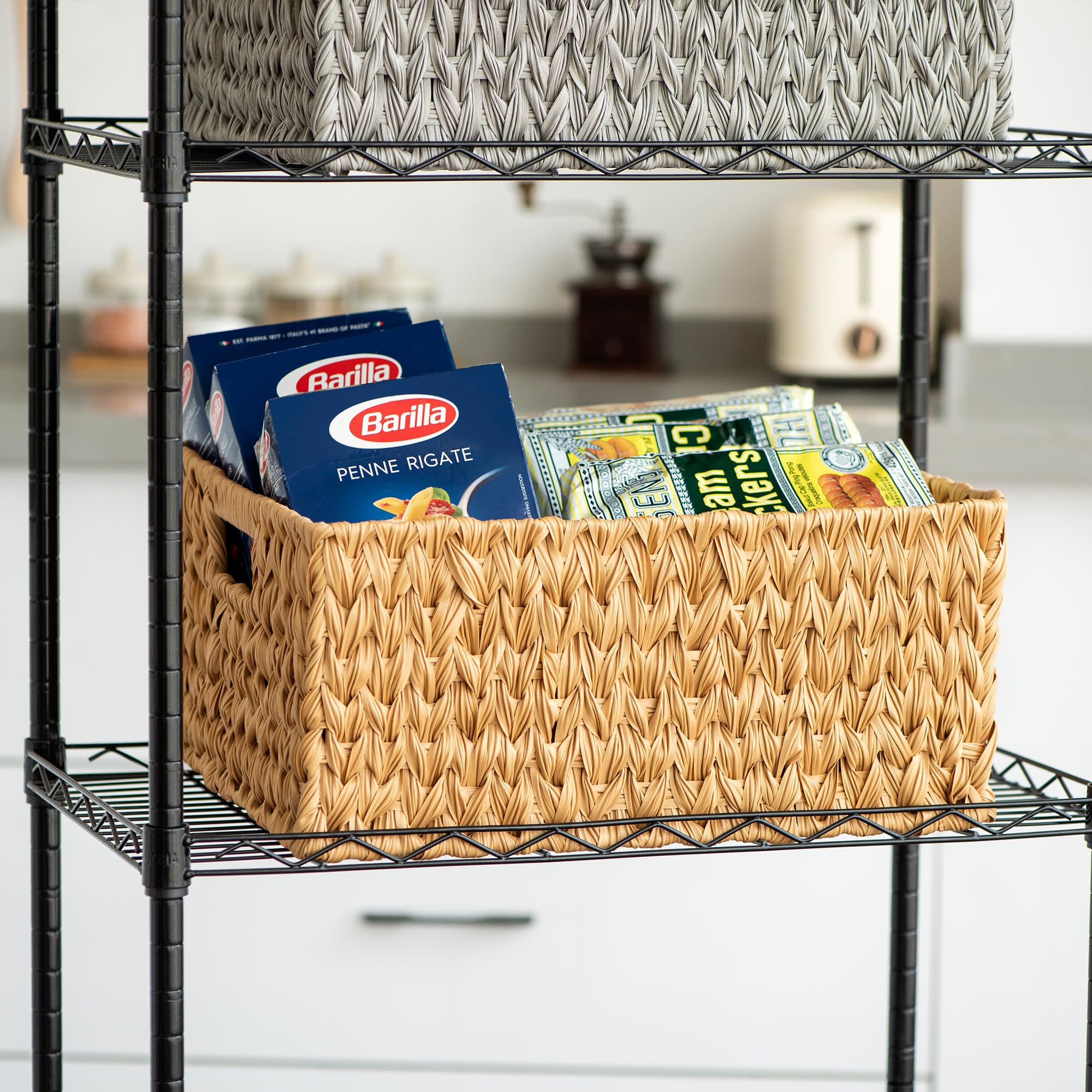 Sukkiri Homu Waterproof Storage Basket, Plastic Wicker Bin with Handles, All-Weather Rectangular Organizer for Bathroom, Kitchen & Laundry, Natural