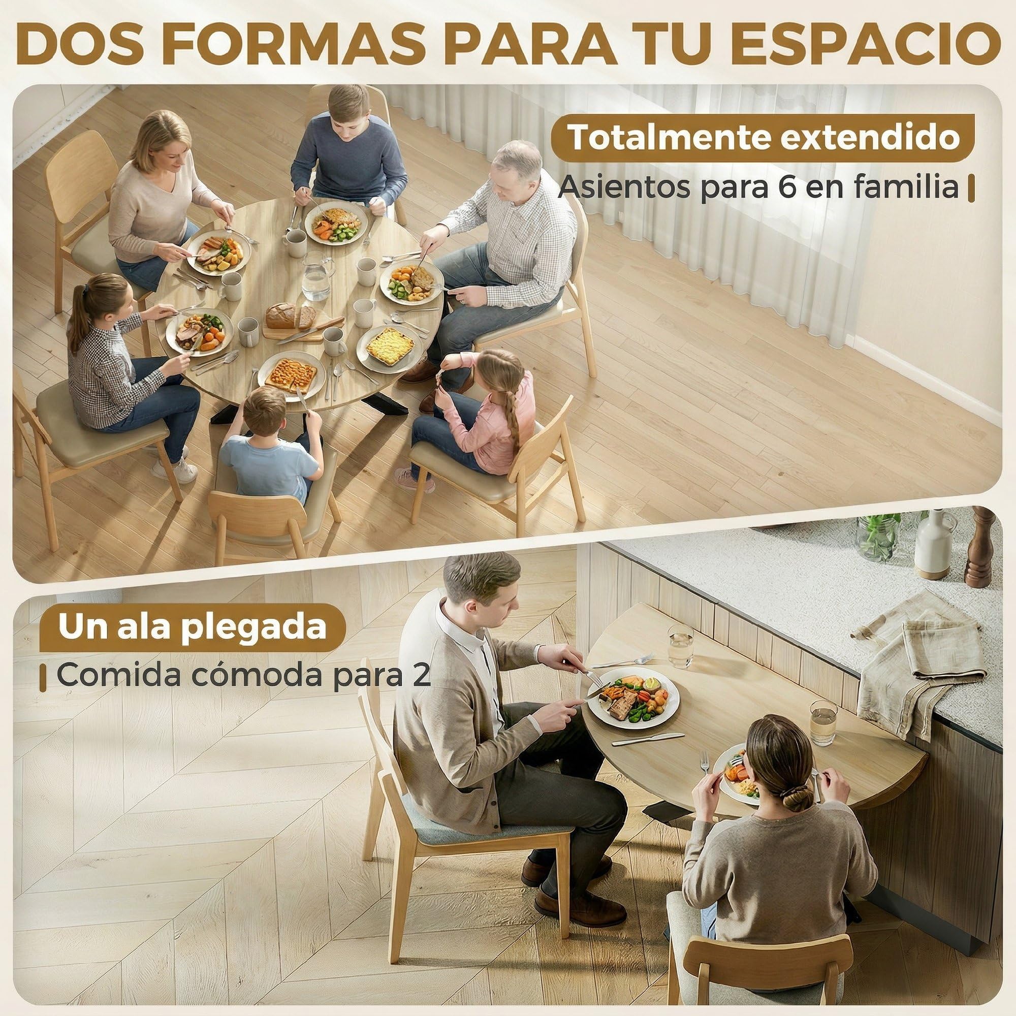 HOMCOM Mesa Plegable de Comedor para 2-6 Personas Ø110x76 cm Natural | Mesa de Cocina Plegable Redonda, Ala Abatible, Marco de Acero Doble X, para Espacio Pequeño