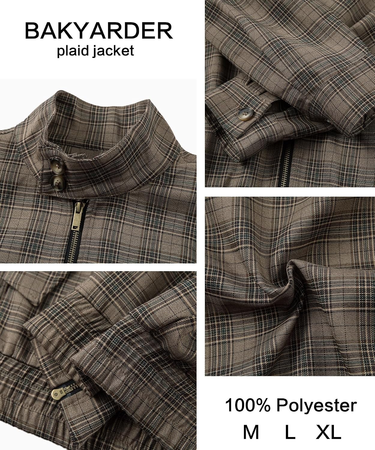Bakyarder Unisex Vintage Plaid Stand Collar Workwear Jacket Retro Checkered Lightweight Zip-Up Coat