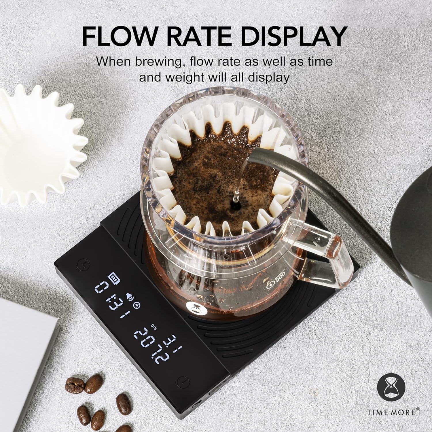 TIMEMORE Basic 2.0 Coffee Scale displaying flow rate, time, and weight