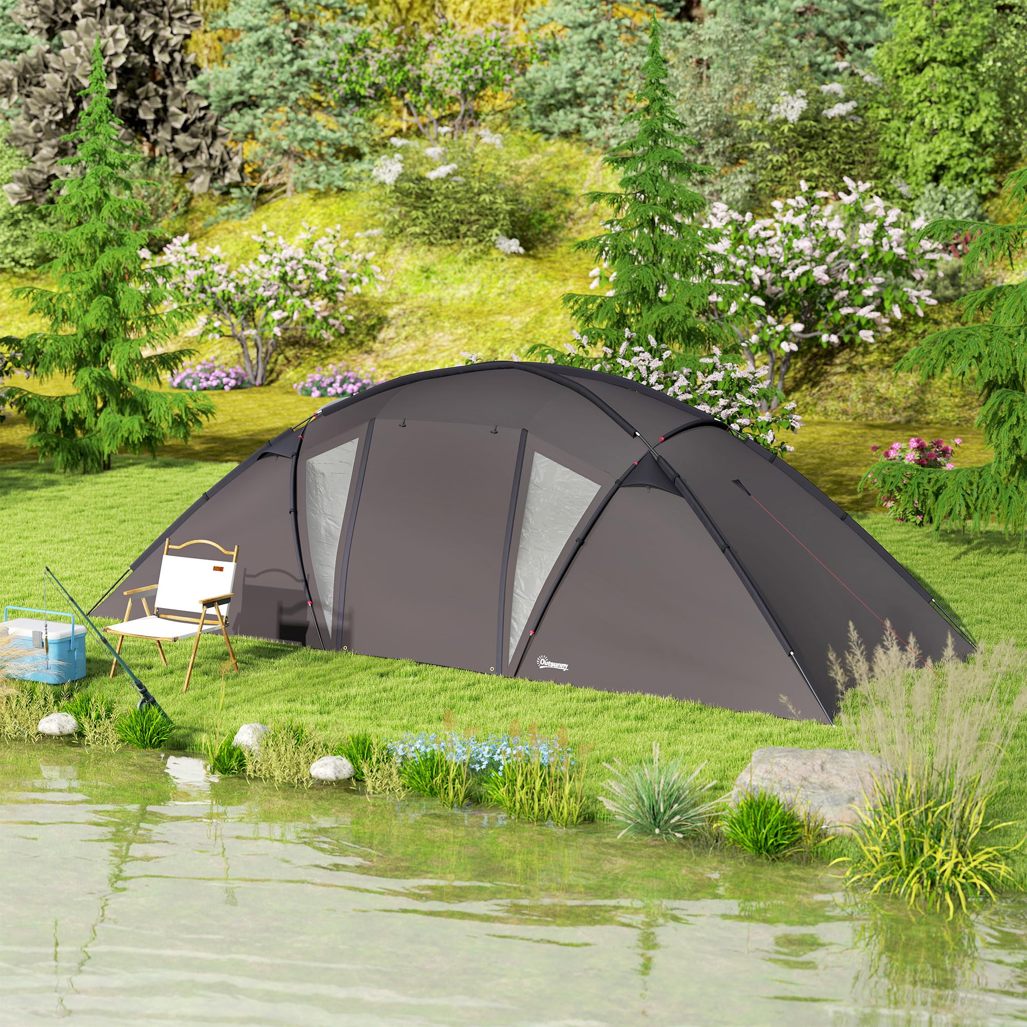 Outsunny Tente de Camping familiale pour 4-6 Personnes, Tente Tunnel imperméable 3000 mm avec 2 Portes, fenêtres, Sac de Transport, Tapis de Sol pour Camping Voyage randonnée Jardin, Noir