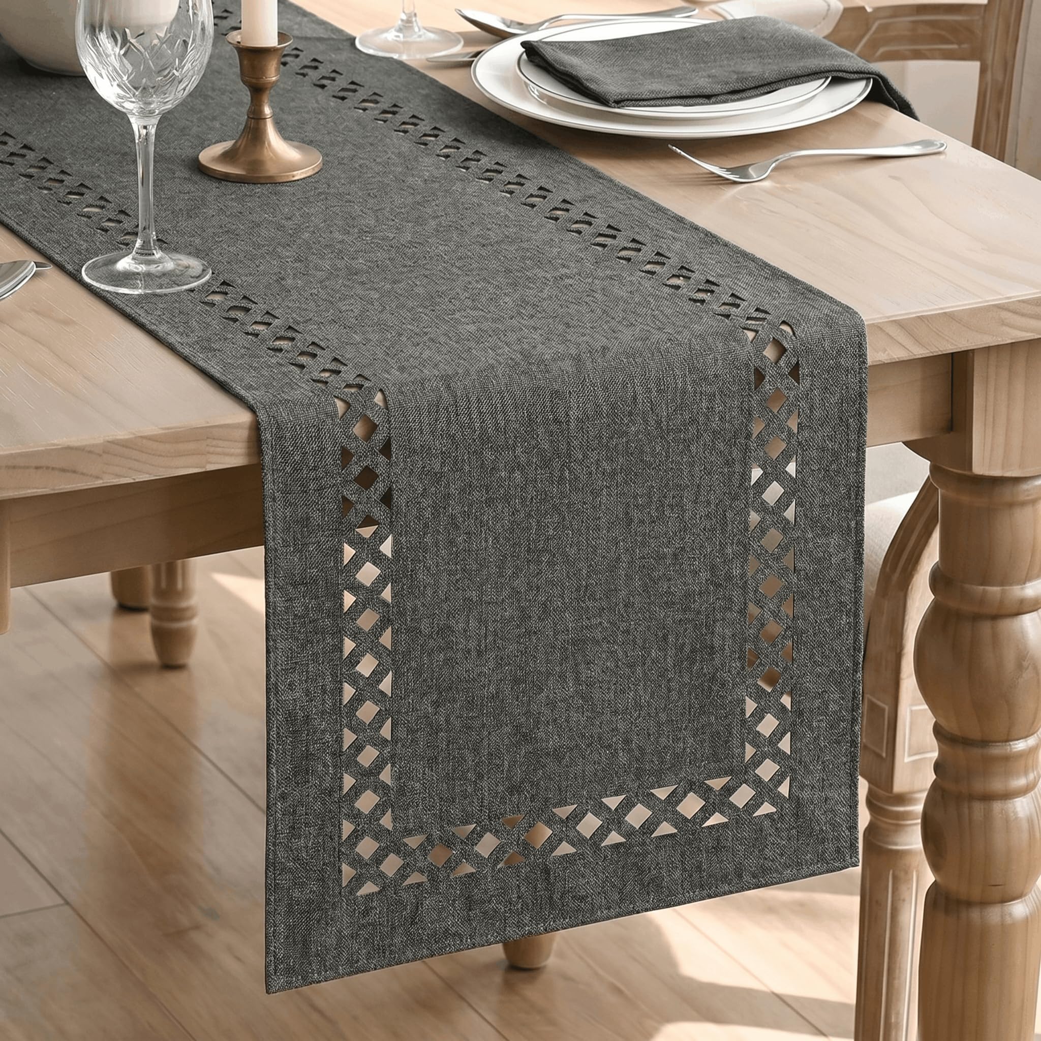 Artoid Mode Grey Geometric Hollow Linen Table Runner 40x180 cm โ image 1