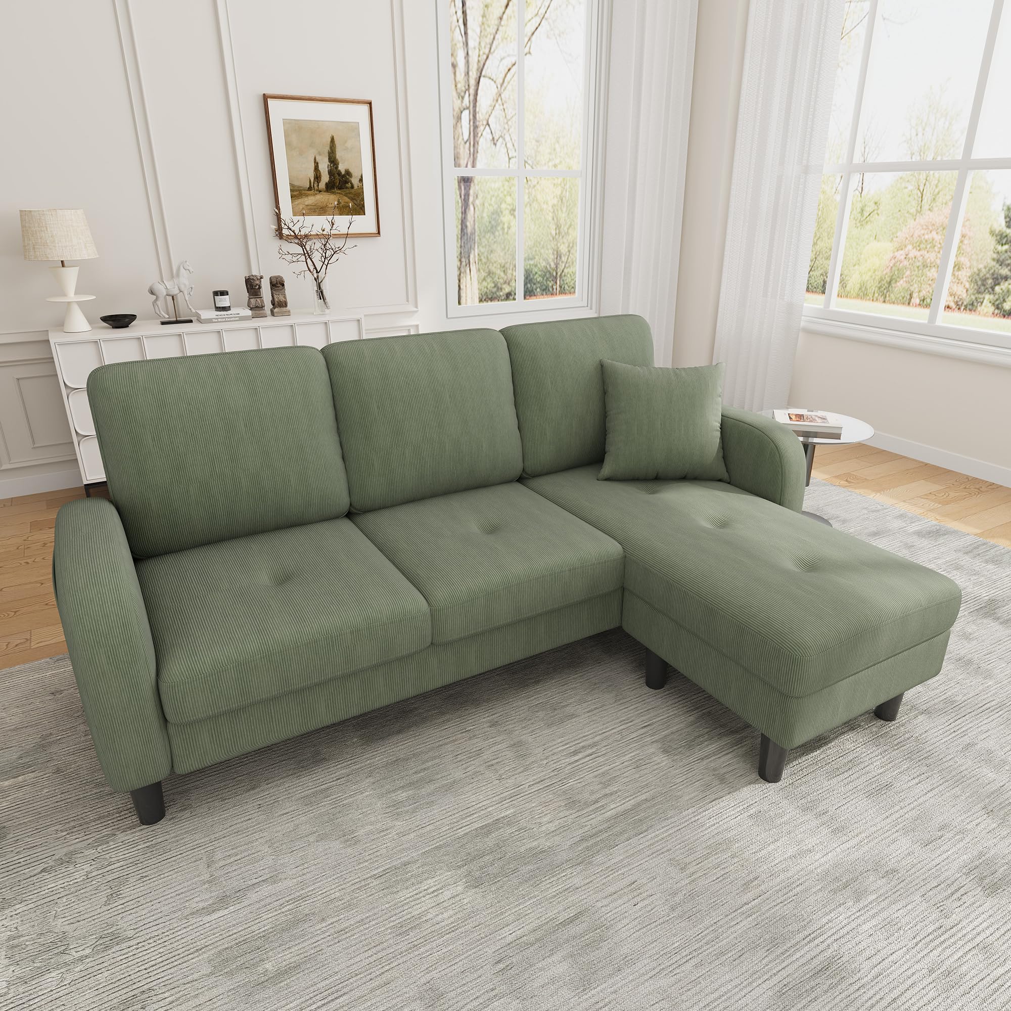 DRIXNO Ecksofa mit Chaiselongue, 3-Sitzer L-förmiges Sofa, 166 x 118 x 77 cm, Atmungsaktiver Baumwoll-Leinenstoff, Kunststoffbeine, Modulares Design, für Wohnzimmer, Apartments und Büros, Grün