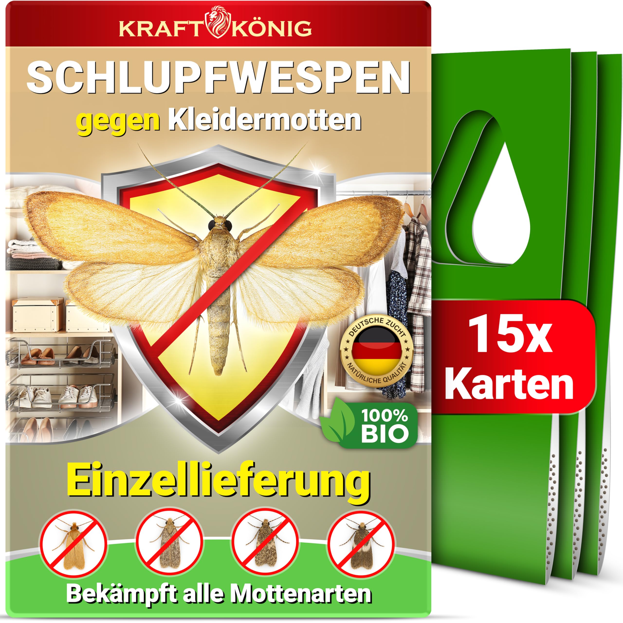 Schlupfwespen gegen Kleidermotten – 1 Lieferung mit 15 Karten – Biologische Mottenbekämpfung – Sofort einsatzbereit – Alternative zu Mottenfalle, Mottenpapier & Mottenspray