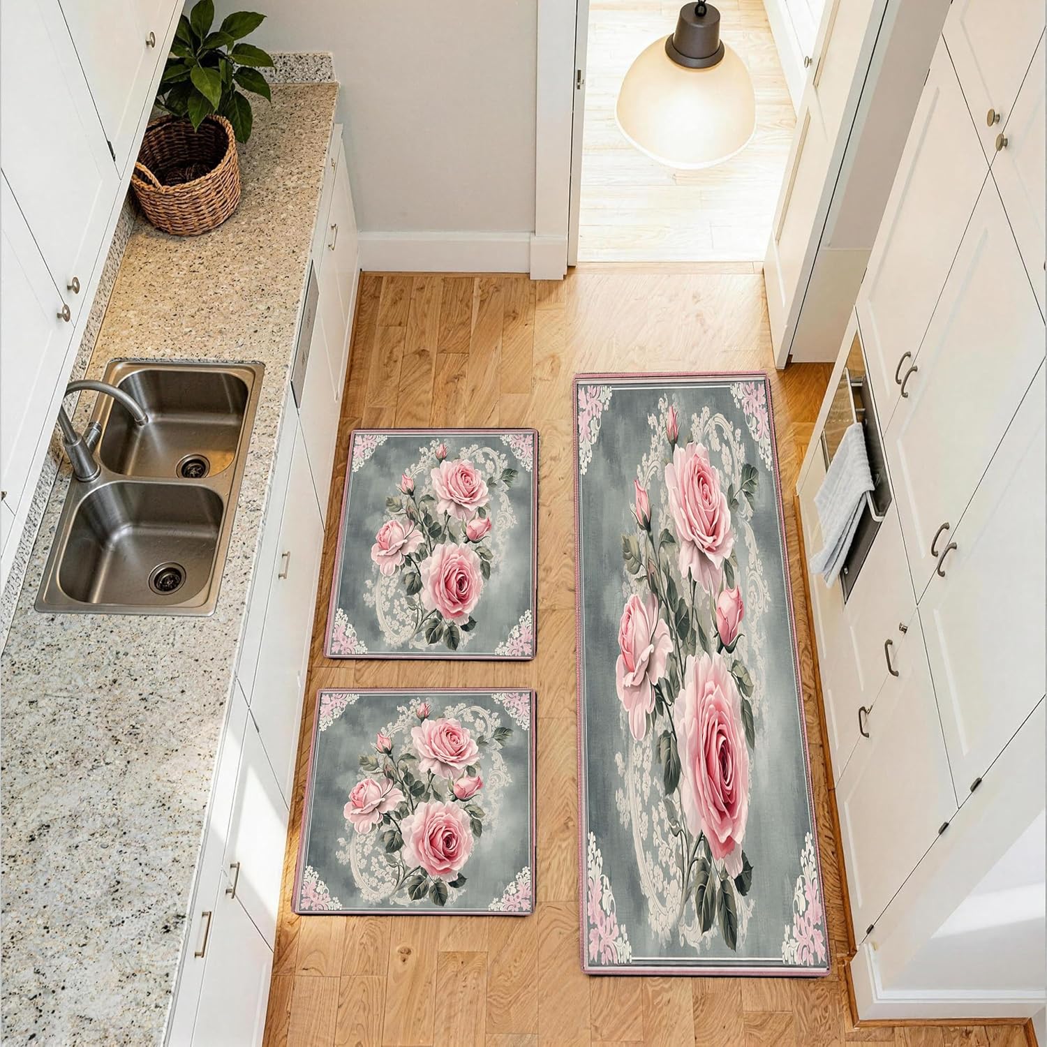 Kitchen Mats, 2PCS Kitchen Rugs, Non-Slip Washable Stylish Runner Mat for Kitchen, Hallway, Entryway - Ideal for Families and Homeowners, Anti-Fatigue Floor Decor (Pink Rose, 16"x24"+18"x47")