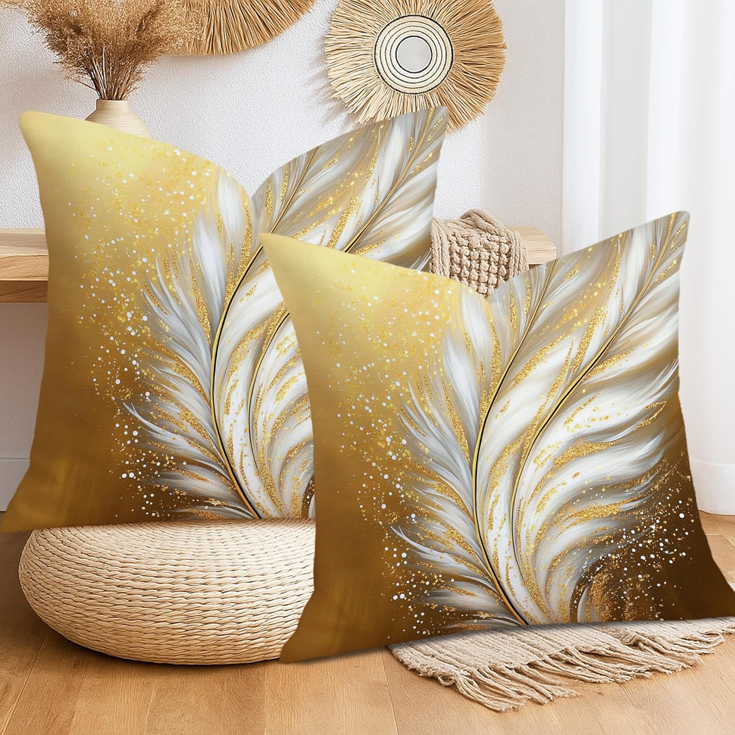 Elegant Gold Feather Throw Pillow Covers Set of 2, White and Gold Artwork Cushion Cases, Luxury Decorative Square Accents Pillows for Couch Sofa Home Decor 26x26 Inch