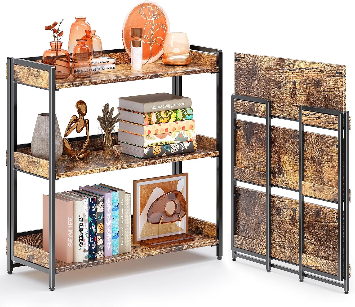 4NM Extra Wdie No Assembly Folding Bookshelf, 34" H x 30.9" W, 3 Tier Collapsible Book Shelf Bookcase Foldable Shelves for Bedroom Living Room Home Office - Rustic Brown & Black