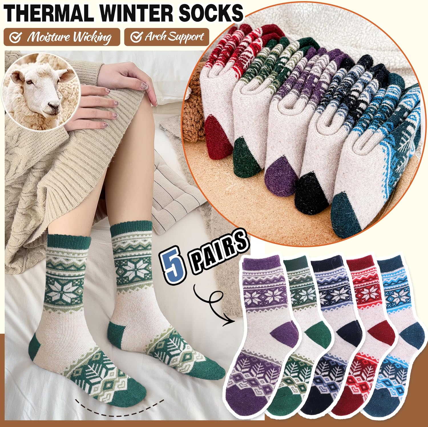 EBMORE Merino Wool Socks for Women Hiking Thermal Warm Winter Thick Boot Cozy Crew Comfy Work Socks for Ladies 5 Pairs - Image 3